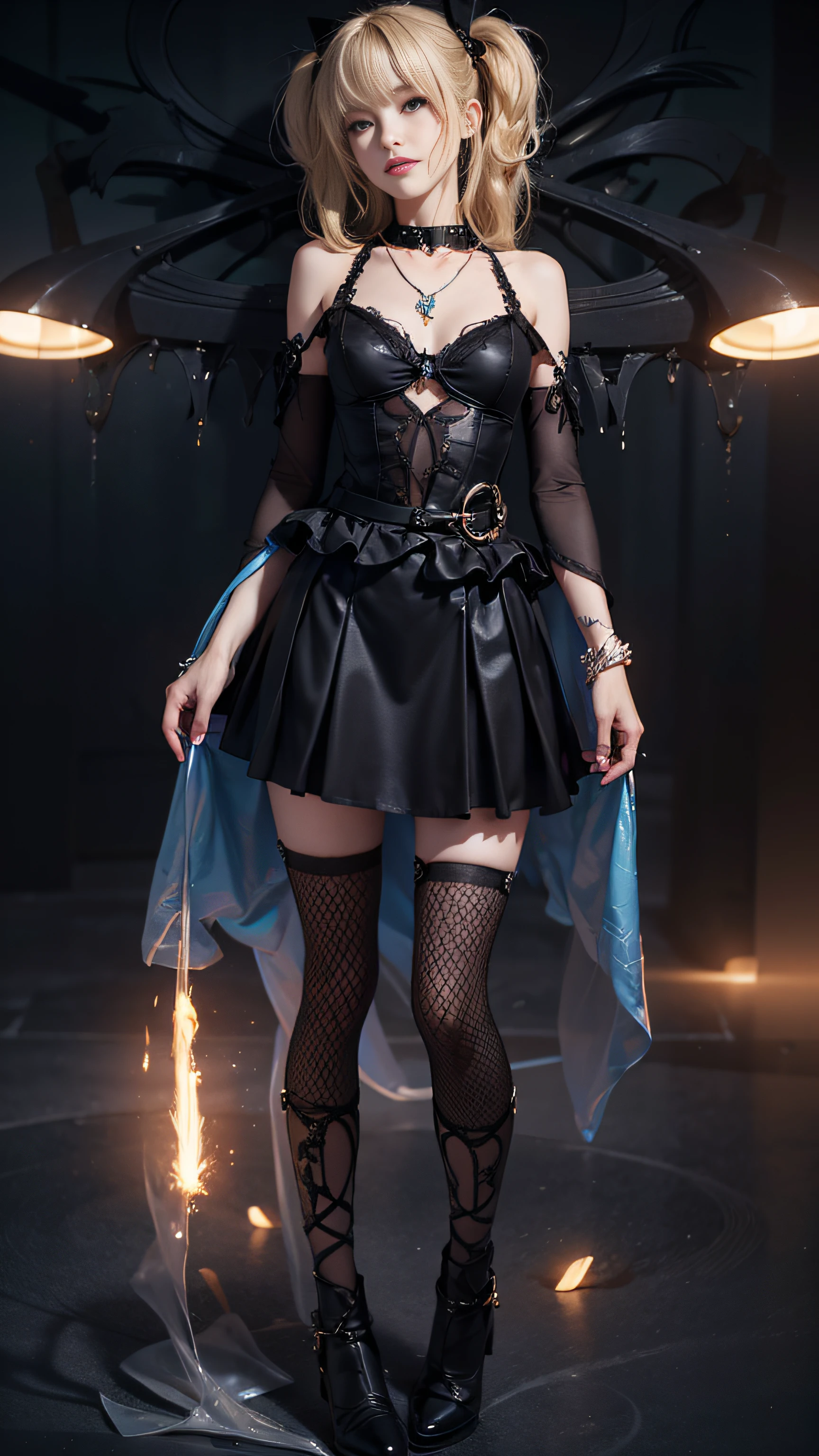 misa amane, Death, Blonde, Twin tail hair, Black Ribon, gothic dress, Short skirt, no sleeves, 1girll,（Captivating quality：1.4），（True textured skins of the highest quality), Delicate face,Black hair, Gradient Hair, petite body,（perfect bodies：1.1）, There is a jewel on the forehead, rimless eyewear, PUPILS SPARKLING，long eyelasher,grin, hyperphotorealism, Cinematic lighting, projected inset, surrealism, hyper HD, masutepiece, 16 K，Lie down，Dream On，Please wear clear silk pajamas,Carmelto,legs slightly open，tattooed，Fantasy space，Luxurious space