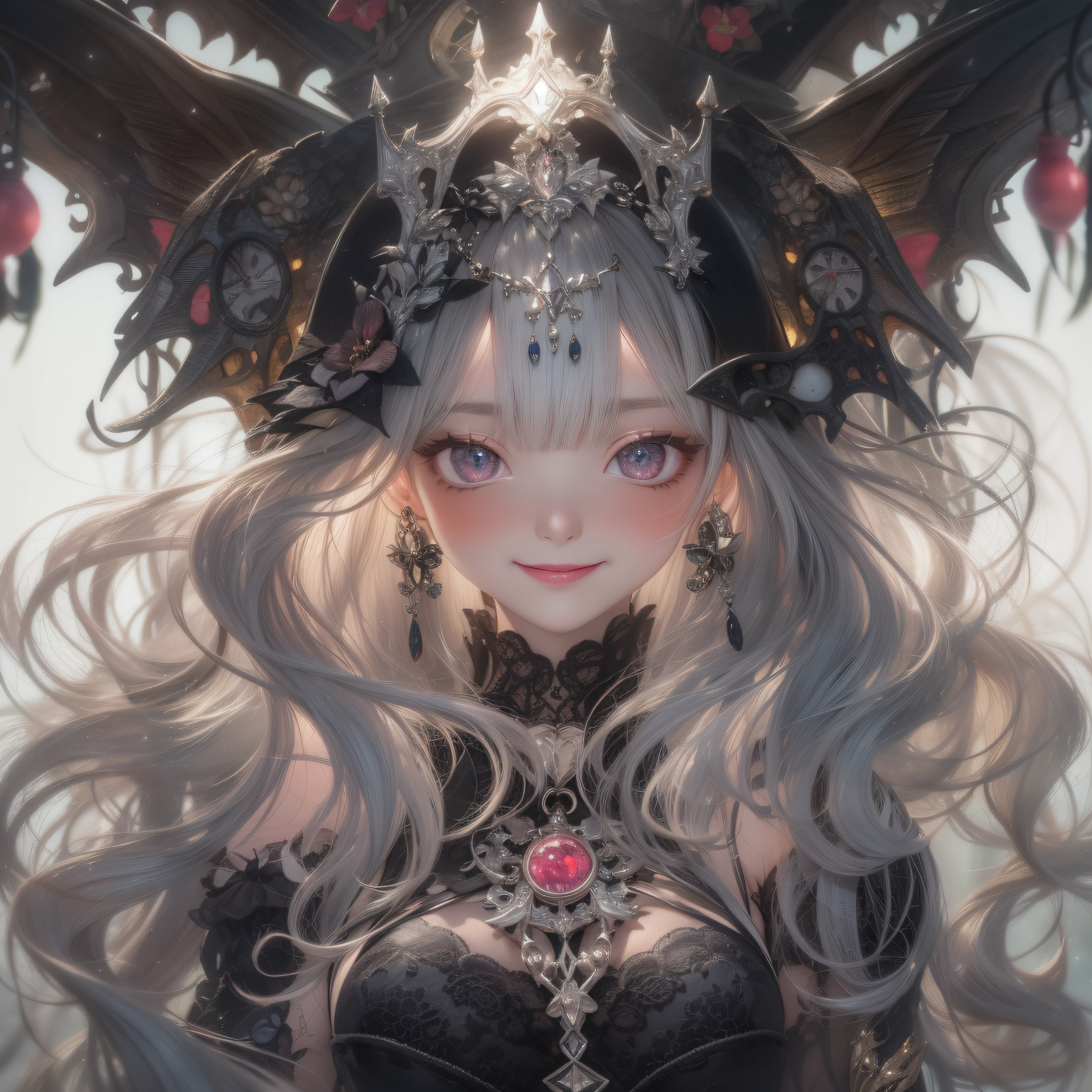 Close up of a smile with the corners of the mouth raised、Smiling Barbie doll、Gothic Girl、gothic costume、Cosplay、(realisitic、hight resolution)、(1 girl in)、Gothic Girl、Do-Up Eye、Korean Girl、(Best Quality), (masutepiece), (1girl in), Solo, a beauty girl, Perfect face, dreamlikeart、Highly detailed airbrush art((Surreal))、Volumetric lighting、(top-quality)、The ultra-detailliert、(The composition of the movement:1.4)、Highly detailed colorful details、(Bright lighting)、dynamic compositions、Ray traching、The mirror reflects light、Shallow depth of field、ultra-detailliert、mixing exposure、nffsw、Her eyes are glowing pink、Her gothic face is full of anticipation and courage、A smile appears on the lips of a gothic girl。 At the rear、The sun is slowly tilting to the west。That light brings Gothic lights to the surface of the sea、The swaying waves create a beautiful scene。Her eyes are clearly glowing pink。Lots of Gothic