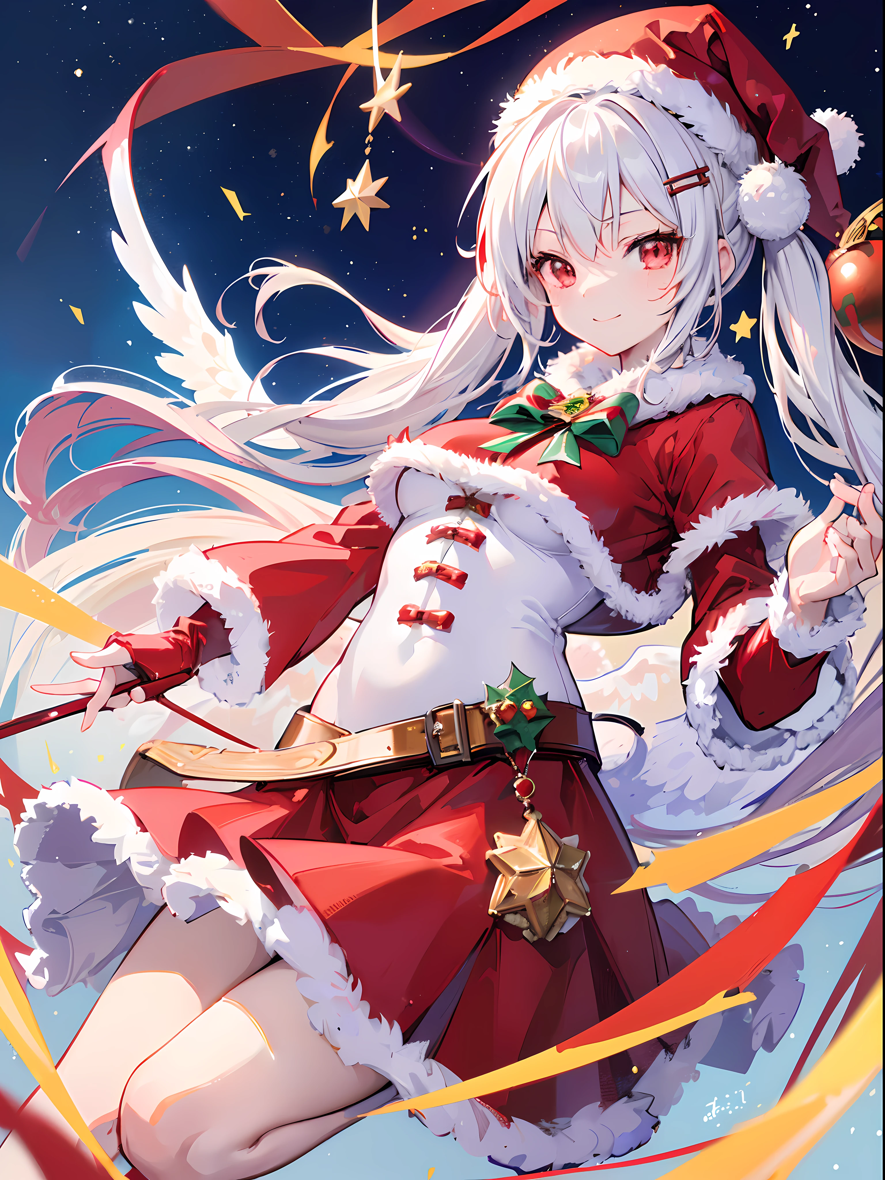 (Best Quality, masutepiece:1.3), Illustrations, Anime, Very high resolution, large filesize, fulcolor, Beautiful detailed glow, Front light, 1girl in, Solo, Christmas, santa costume, (santa hat), ((magical little girl)), Christmas Decorations, Smiling, White hair, Red Eyes, (Twintail), (Angel wings), Dynamic Angle, Magic, Fighting,