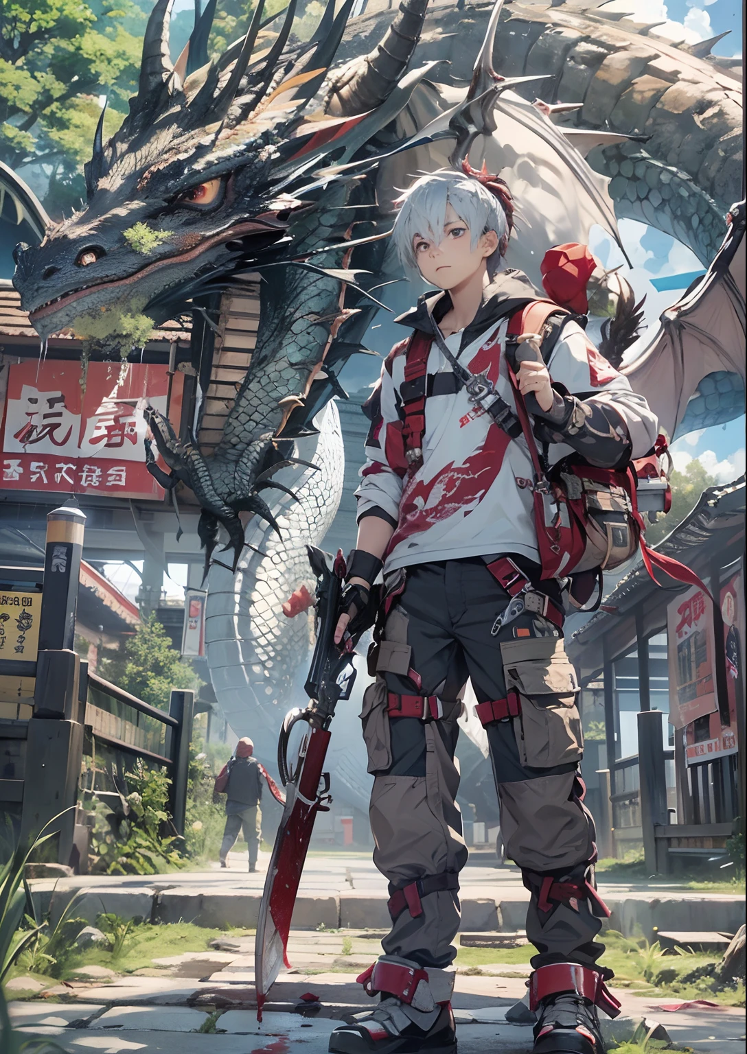 1boy,Man's ,Cyberpunk Boy、silber hair、Spiky hairstyle、Sword,machine gun、bow and arrow、Whole body bloody、The beginning of the adventure、(Dragon in the sky:1.5)、Magic Hour with Clouds,ruined and devastated city、Complex Japan buildings、school buildings、temple、shrines、railroad crossing、Bus stop、Trees、Warm lighting、puddles、Good old Japan landscape、Beautiful and fantastic summer landscape、Cinematic scenery、hightquality、masutepiece,8K、hight resolution、ultra-detailliert,