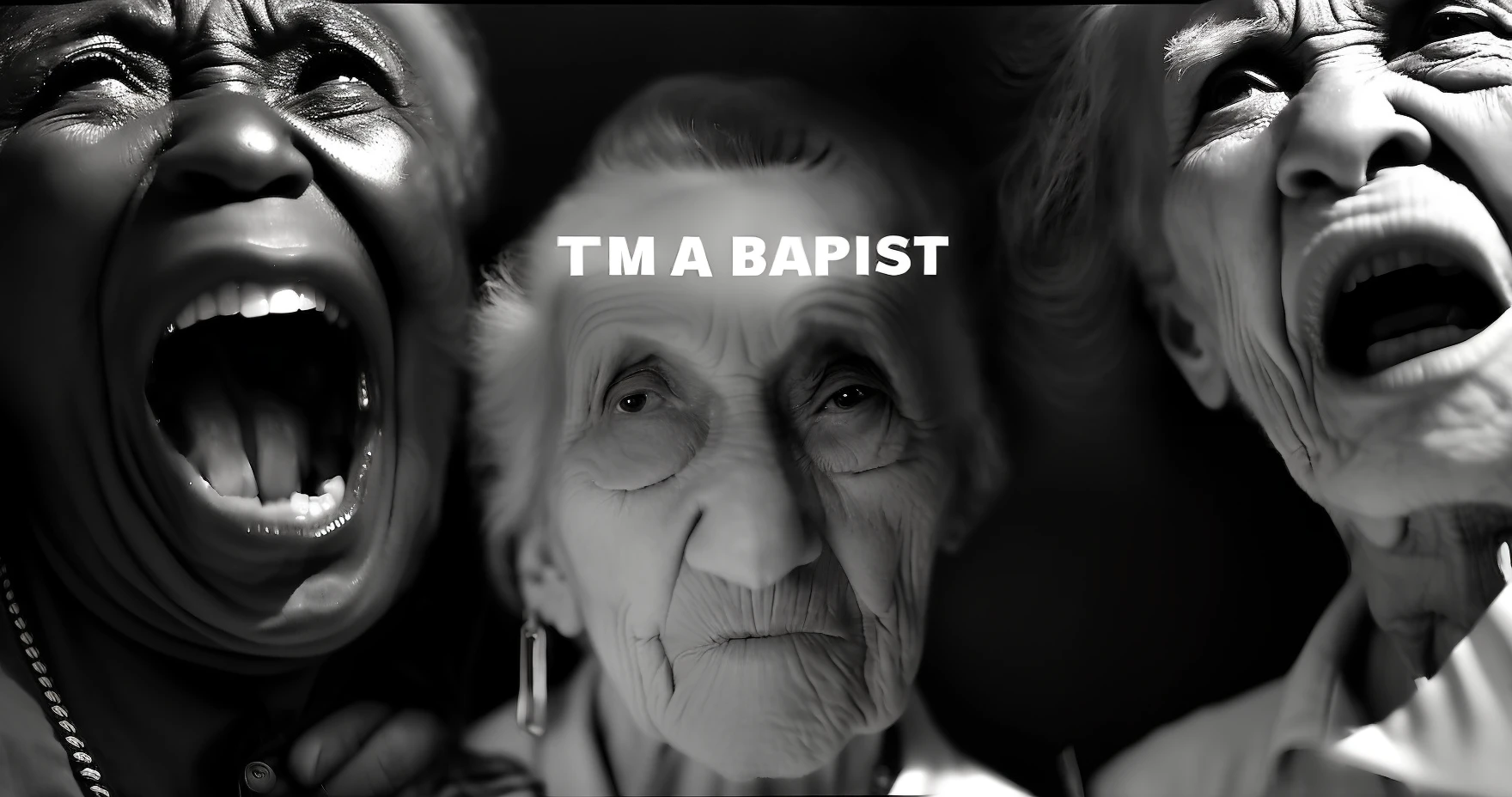 Two grandmothers, one on each side. They look mad, they show signs of violence, they are old, they have rotten teeth, they are white, full face is shown, full hd, photorealism, Black and white very realistic, high res, detailed, angry , nek is in darker color then their other skincolor, award winning picture