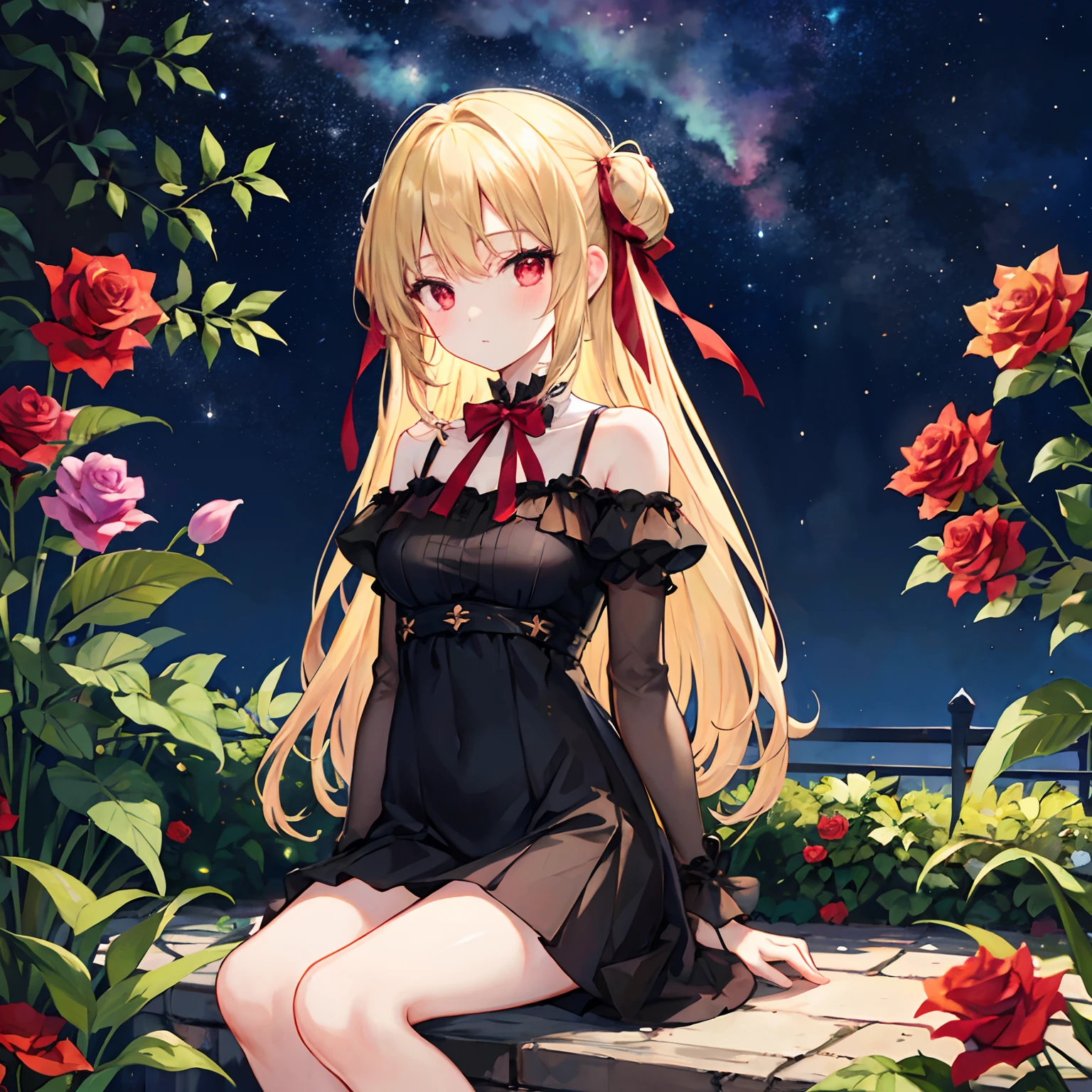 a blond、bow ribbon、red eyes、Beautiful girl alone、Black dress、off shoulders、a miniskirt、sitting on、rose garden、starrysky