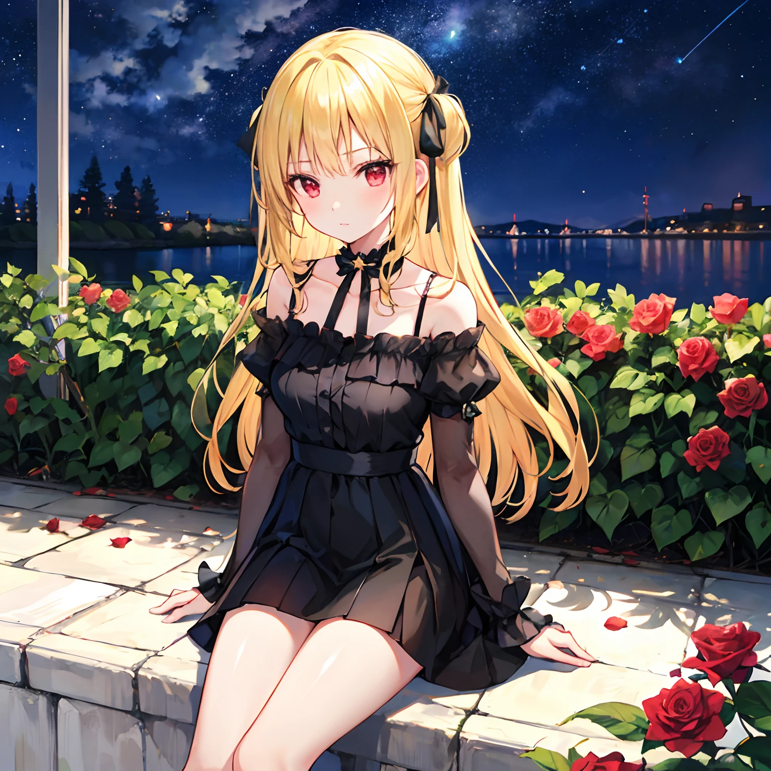 a blond、bow ribbon、red eyes、Beautiful girl alone、Black dress、off shoulders、a miniskirt、sitting on、rose garden、starrysky