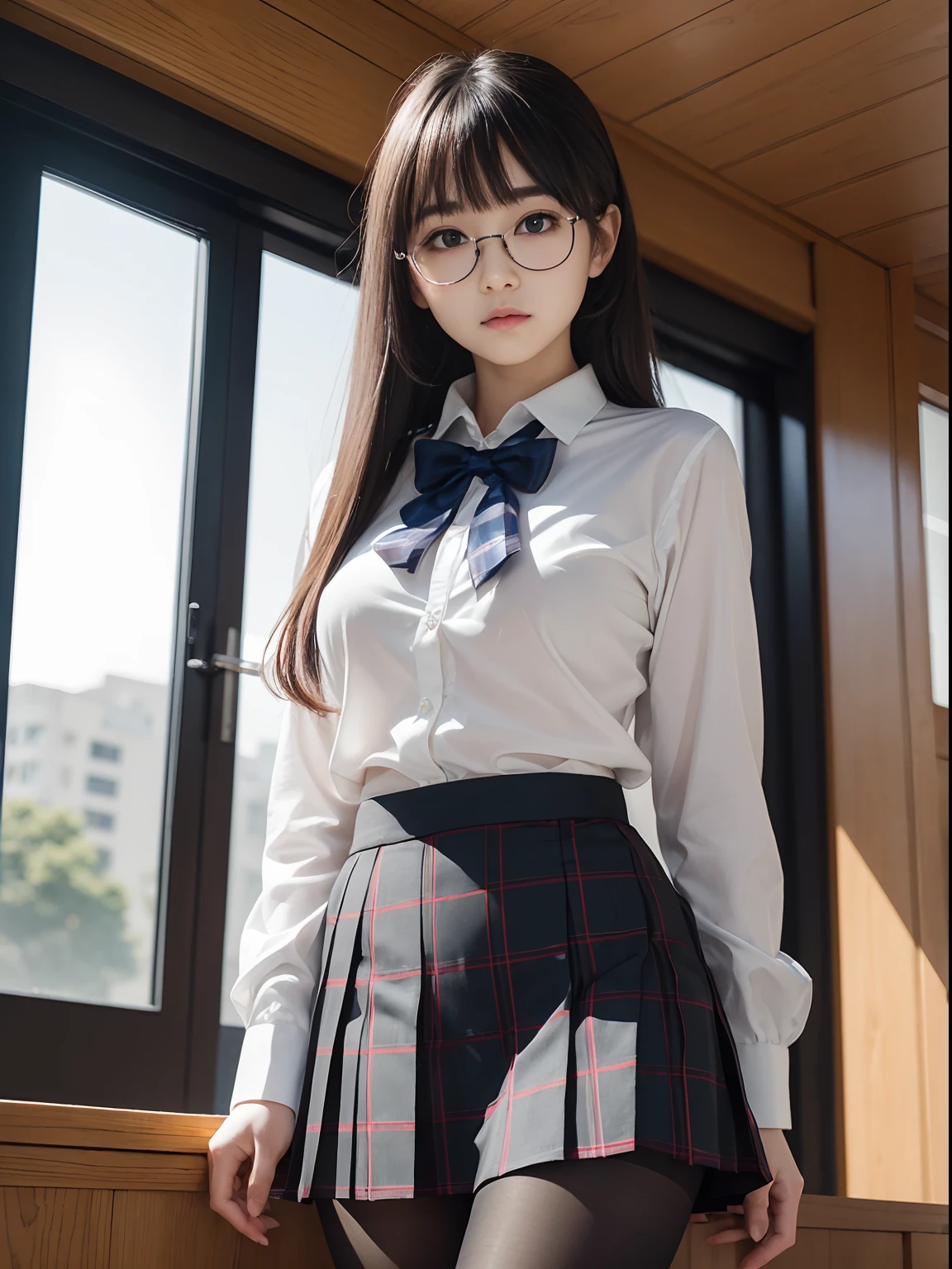 (Long ponytail),(Underwear is visible),Open the crotch fully open,Open the legs in an M-shape,（8K、Raw photography、top-quality、​masterpiece：1.2),Blue Panties,pigeon chest,glamor,Chromo-white skin,cocky,School,watching at viewers,Looking at the front,Muchimuchi,High-pitched clothing,Erotic,Pupils,de pele branca,kne,absurderes,a small face,,Forehead visible,Bangs hanging from the left and right sides of the forehead,(a cold expression,Tight eyes,glares,Bullish,irate)、​masterpiece,top-quality、超A high resolution,Raw photo,ren,Beautiful fece,One Person, 独奏,eye glass,,Dark look,Small breasts,fullllbody,Round glasses,JK school uniform,hi-school girl,A Japanese Lady,（Photorealsitic：1.37）、Photon mapping,Realistic、Beautie,Cute little face,Brown-eyed、Black socks、(Red bow tie)、Radio City、Physically Based Rendering、depth of fields、Blurry background、a picture,Body,beauty legs, Long legs, Thin leg,(Bangs are visible), hair, s lips, Blue_The eye, nosesoft,(Light blue shirt), (Navy and blue and white plaid pleated skirt), Knees are visible,Sheer clothing,, Thigh, Black cotton socks,Nogizaka Idol, 女優, Japanese ido