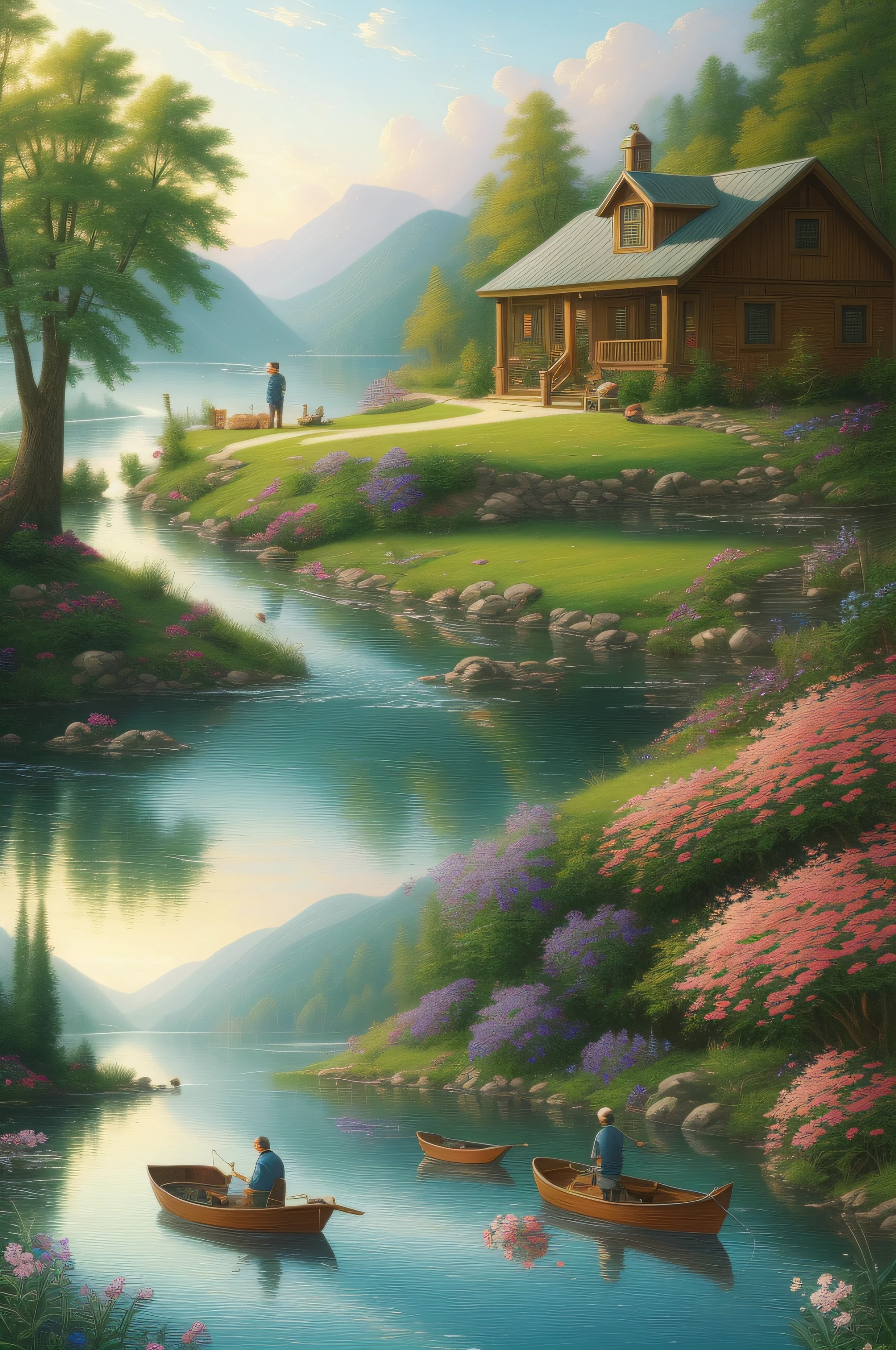 a father and son fishing, landscape, water, farm house, cooking smoke, boat in the water, flowers ,stream, color full (extremely detailed CG unity 8k wallpaper), most beautiful artwork in the world, professional majestic oil painting, intricate, High Detail, Sharp focus, dramatic, photorealistic painting art, style of Thomas Kinkade