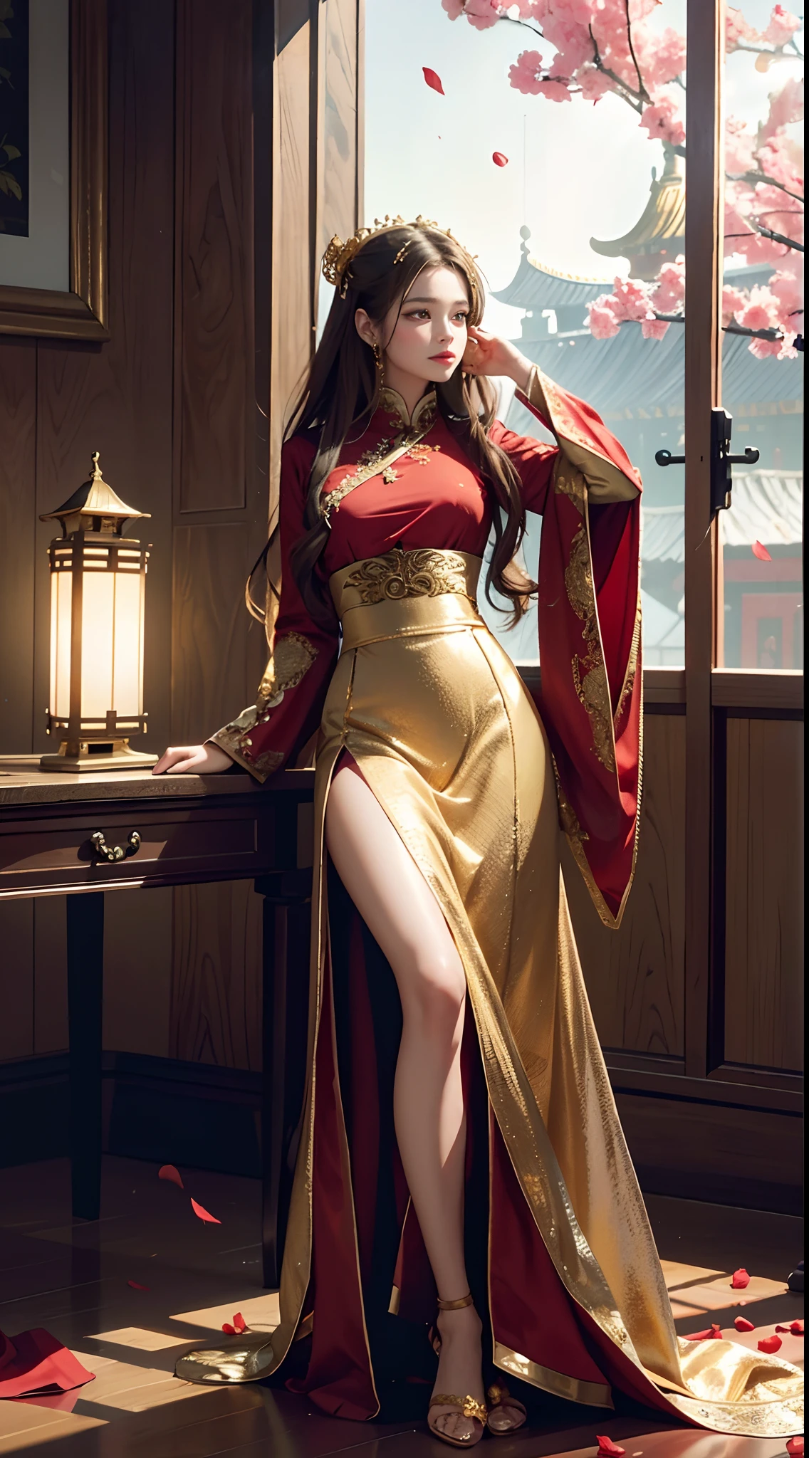 1female，45 yers old，Married woman，legs long, a slender waist， photo exposure， report， She has long black hair，Redlip，The stands up，seen from the front， curlies， sky with many clouds，（（（tmasterpiece），（Very detailed CG unified 8k wallpaper），Best quality，电影灯光，detailed back ground，Beautiful right eye pupil，（very delicate beautiful），（Beautiful and detailed eyes description），ultra - detailed，tmasterpiece，）），facing at the camera，A high resolution，ultra - detailed），Revealed，equipment， convex，Camel toes，Raised sexy，Queen of China（dressed in：，Gold wire embroidery，Red cheongsam，Lace，redcloak），16k，Master works，