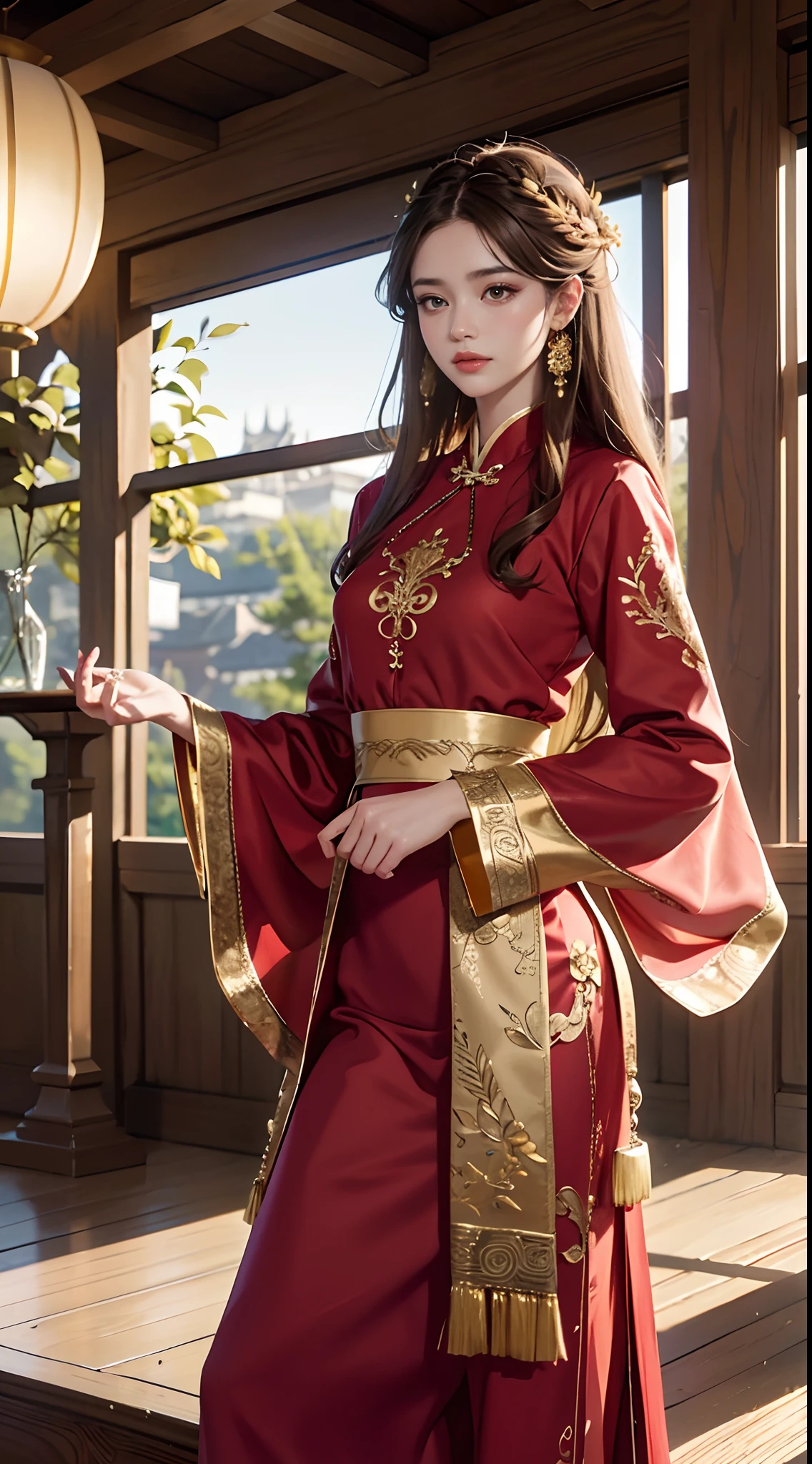 best quality, masterpiece, highres, (exquisite body:1.5),gorgeous face,(milky skin:1.3),intricate details,high resolution,wallpaper,
1girl, solo, dress, hair ornament, (((gold and red dress))), flowers, long hair, brown hair, closed mouth, jewelry, long sleeves, hand up, wide sleeves, big eyes,floating hair, chinese clothes, hanfu, embroidery, long skirt, natural pose, falling petals, indoor,fanning, lantern,
16K,HDR,highres,depth field,(film grain:1.1),boken,golden hour,(lens flare),vignette,rainbowing,(color grading:1.5)