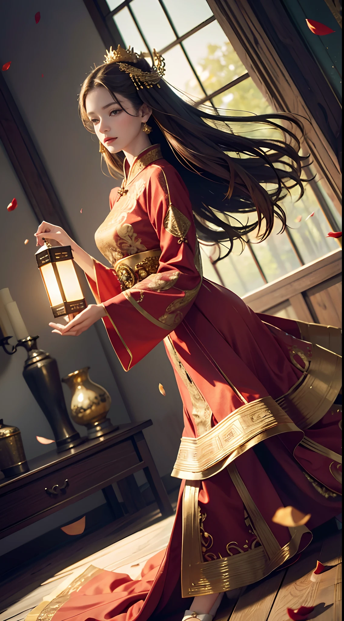best quality, masterpiece, highres, (exquisite body:1.5),gorgeous face,(milky skin:1.3),intricate details,high resolution,wallpaper,
1girl, solo, dress, hair ornament, (((gold and red dress))), flowers, long hair, brown hair, closed mouth, jewelry, long sleeves, hand up, wide sleeves, big eyes,floating hair, chinese clothes, hanfu, embroidery, long skirt, natural pose, falling petals, indoor,fanning, lantern,
16K,HDR,highres,depth field,(film grain:1.1),boken,golden hour,(lens flare),vignette,rainbowing,(color grading:1.5)