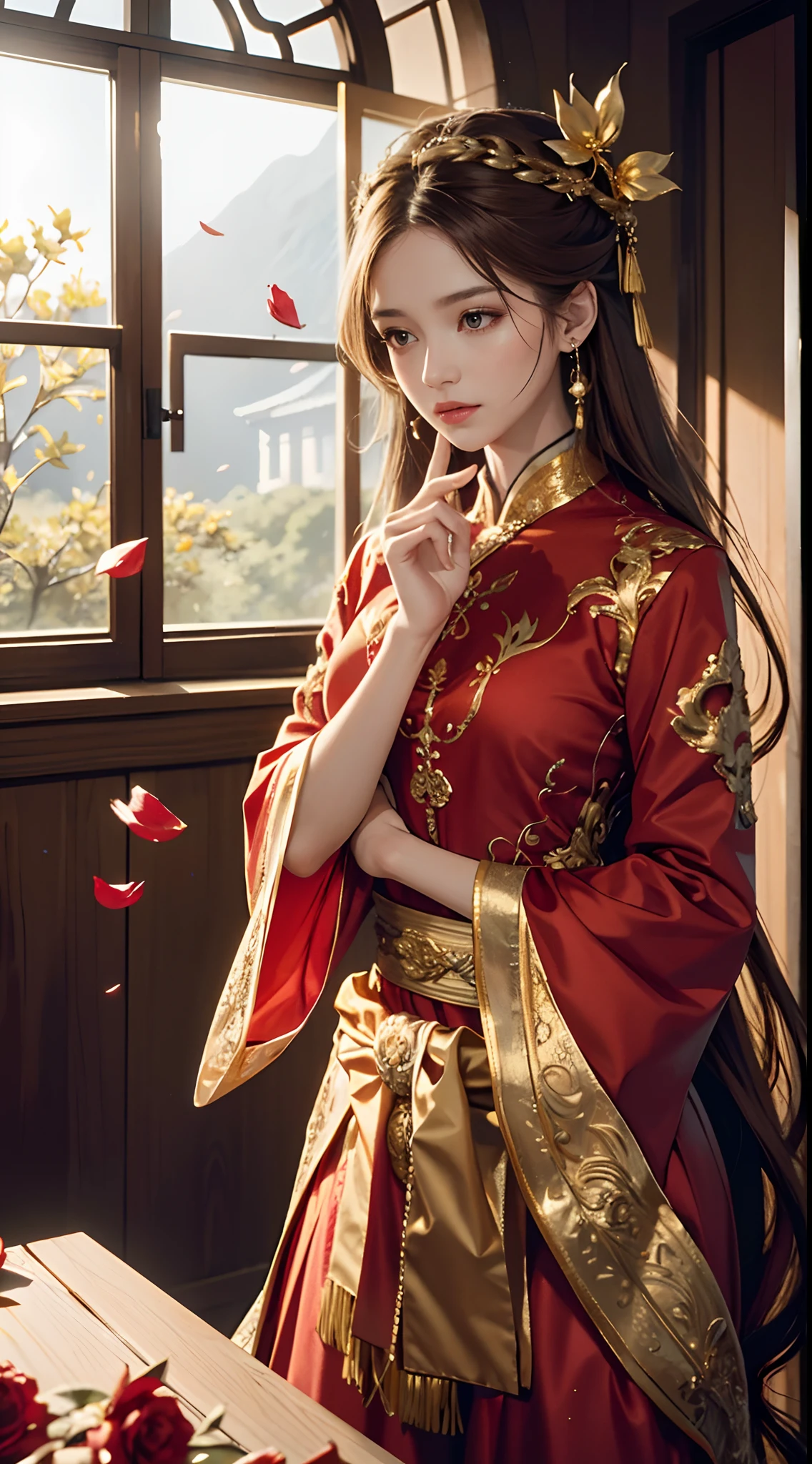 best quality, masterpiece, highres, (exquisite body:1.5),gorgeous face,(milky skin:1.3),intricate details,high resolution,wallpaper,
1girl, solo, dress, hair ornament, (((gold and red dress))), flowers, long hair, brown hair, closed mouth, jewelry, long sleeves, hand up, wide sleeves, big eyes,floating hair, chinese clothes, hanfu, embroidery, long skirt, natural pose, falling petals, indoor,fanning, lantern,
16K,HDR,highres,depth field,(film grain:1.1),boken,golden hour,(lens flare),vignette,rainbowing,(color grading:1.5)