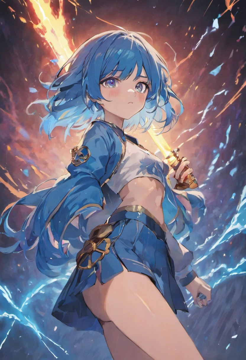 Beautiful girl 26 years  old with blue hair red eyes beautiful face 21 years old with tornado behind her she hold a light sword