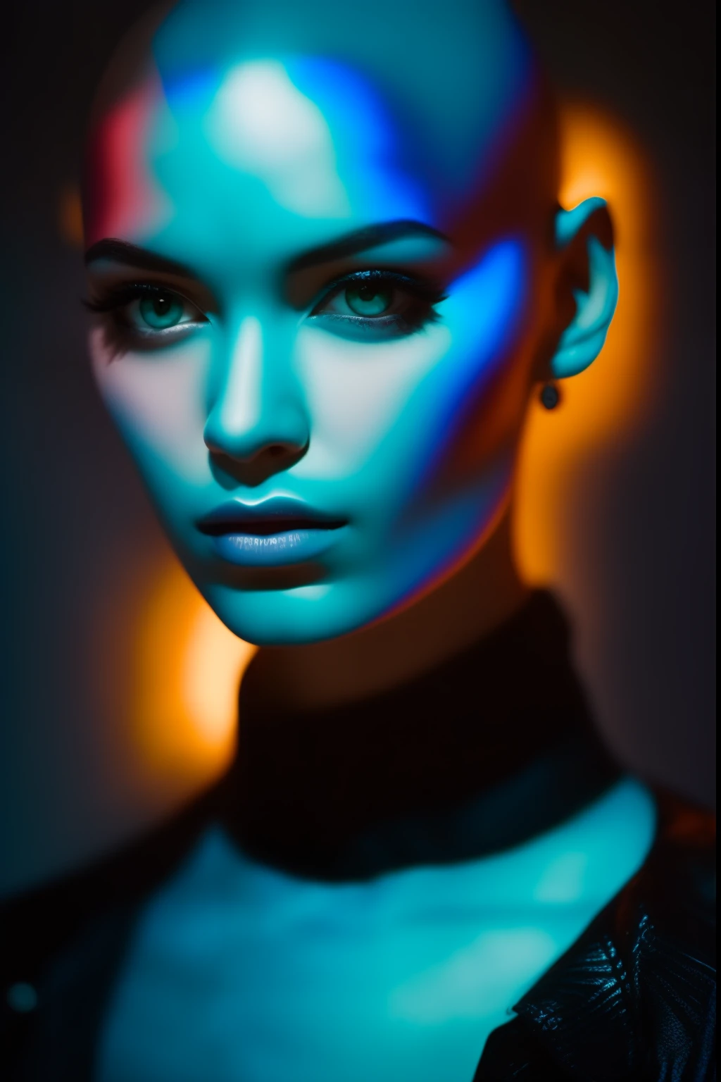 35mm, Neon, analog photo, dinamic lighting, chiaroscuro, hyper realisitc, luminism, HD, very detail. Colorful gradients. Gradient glow. Avant-garde make-up. Orange-violet-green lights. A woman's skin is multicolored in a beautiful glow. Gradients on the face. Gradient lights on the skin. easy flowering,. Black background. haze. Unearthly beauty. Unearthly beautiful bald Russian young woman in bodysuit with tiger skin pattern. Very small black coat. bald. Bald woman. pale blue skin. long neck. Slim hose. Wide-set eyes. Half-turn. darkness. mood. haze. Model. Avant-garde make-up. tilt of head. eye to eye contact. blue eyes. Beautiful glow. Very small black coat. Slim. Many places. Very detailed face. (high skin detail:1.2). Film grain. an album cover. magazine cover.