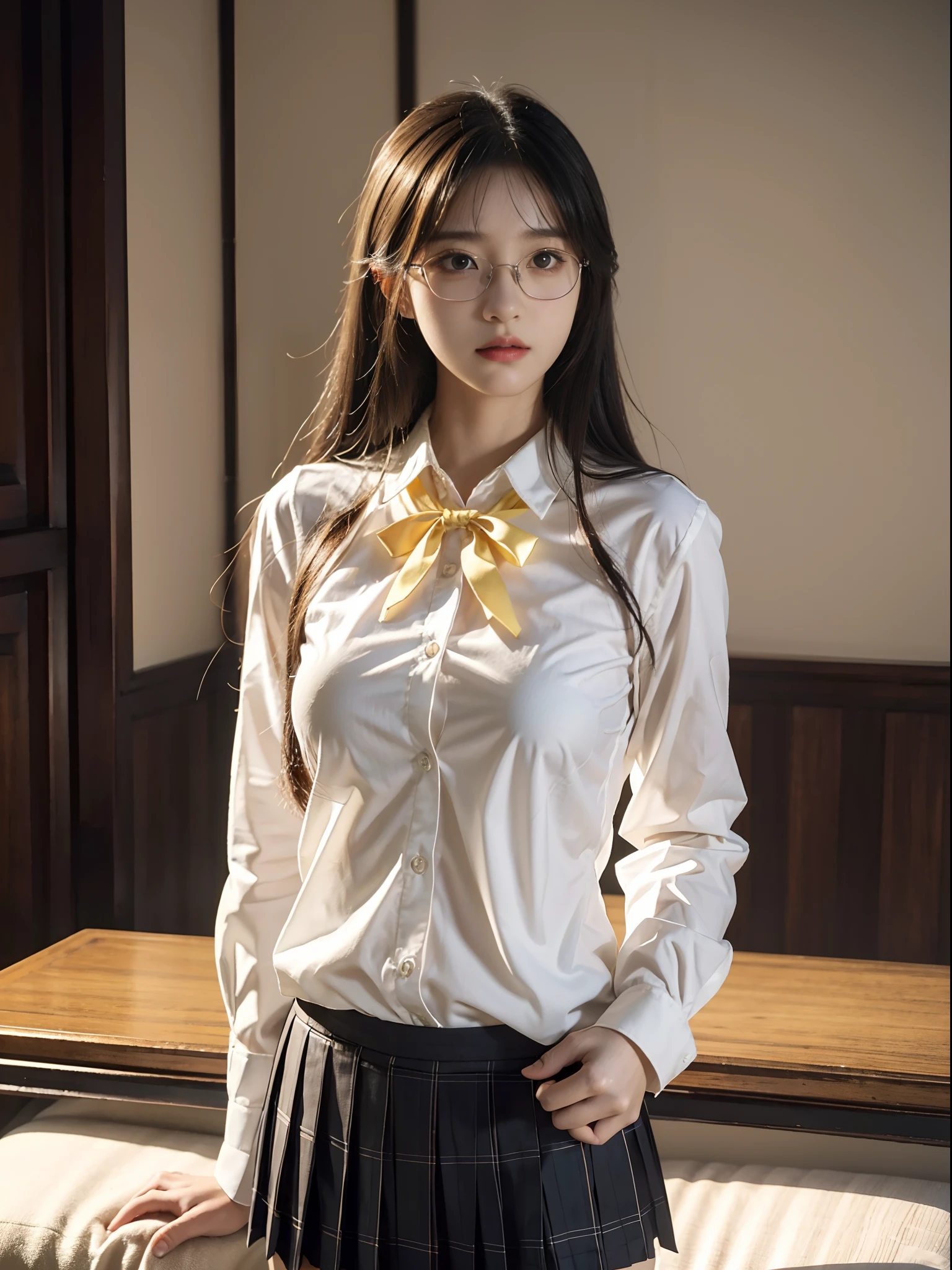 (8K, Best quality, masutepiece: 1.2), Realistic, 超高分辨率, Intricate details（In a dimly lit room）, 1 girl（Age 20 years）​, Beautiful face, JK suit, White shirt, yellow bowtie, Yellow skirt, Plaid skirts, Pleated skirt（Black contoured glasses）, Upper body, standing, Wide-angle lens, hyper realistic schoolgirl, hyper realistic schoolgirl, Realistic anime 3 D style, Realistic schoolgirl, Smooth anime CG art, 3 d anime realistic, Beautiful Anime High School Girls, sakimichan hdri, Fantastic school uniform, Realistic anime, Realistic young anime girl (8K, Best quality, masutepiece: 1.2), Realistic, 超A high resolution, Intricate details, 1 girl, Beautiful face, JK suit, White shirt, （Medium to large round breasts）Upper body, forest