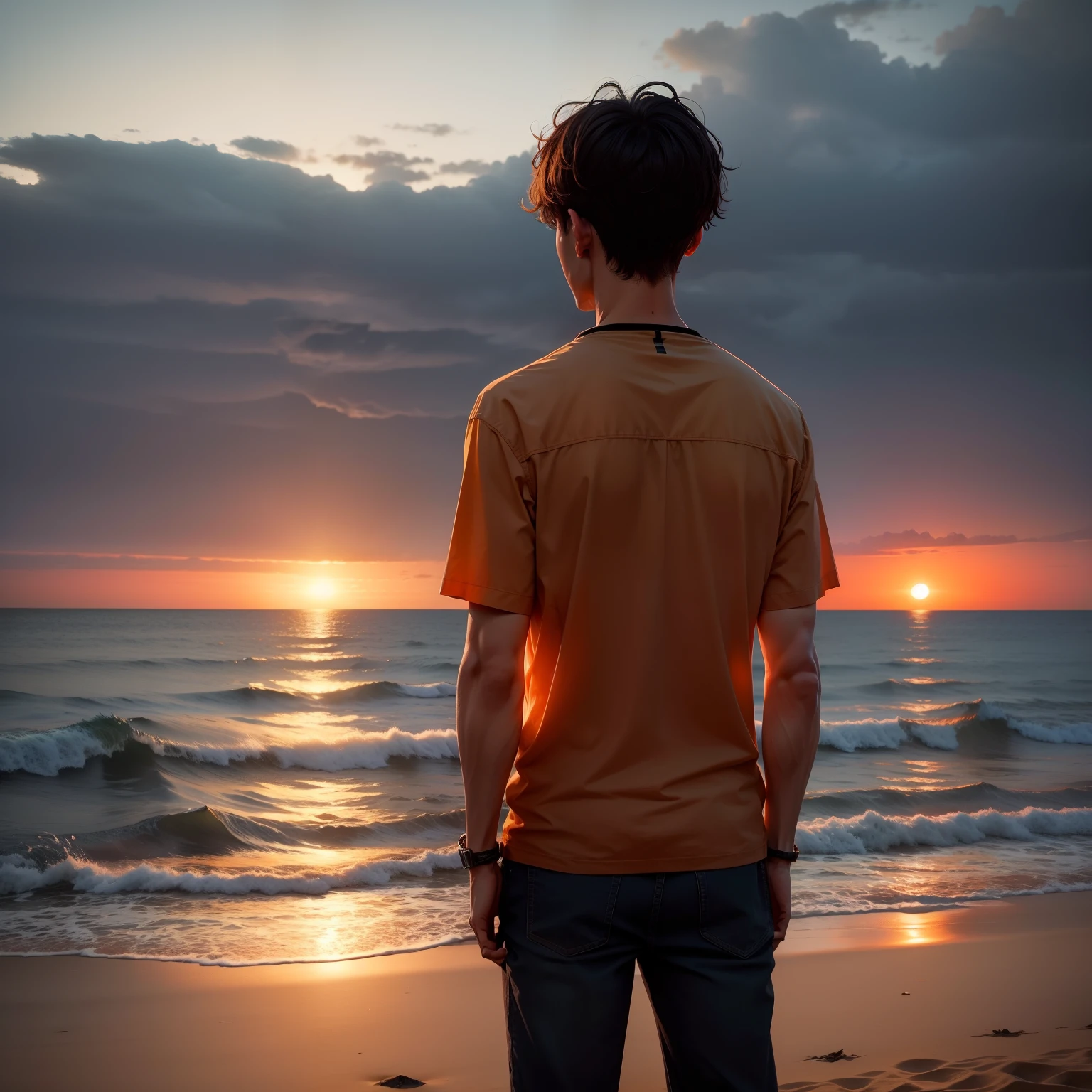 A man stand at A beach and sky is darkish Orange with sunset and Sea is dark blue