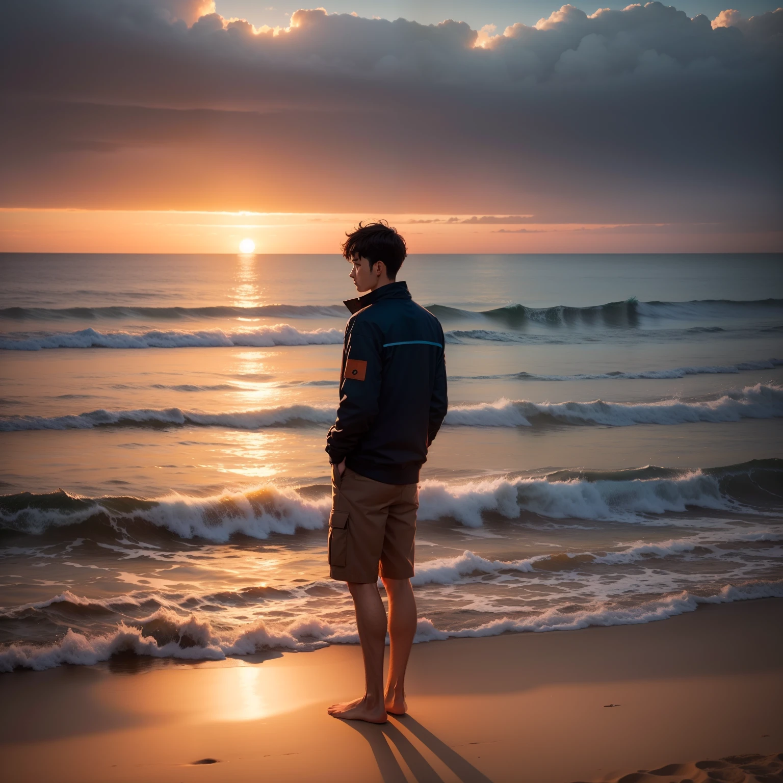 A man stand at A beach and sky is darkish Orange with sunset and Sea is dark blue