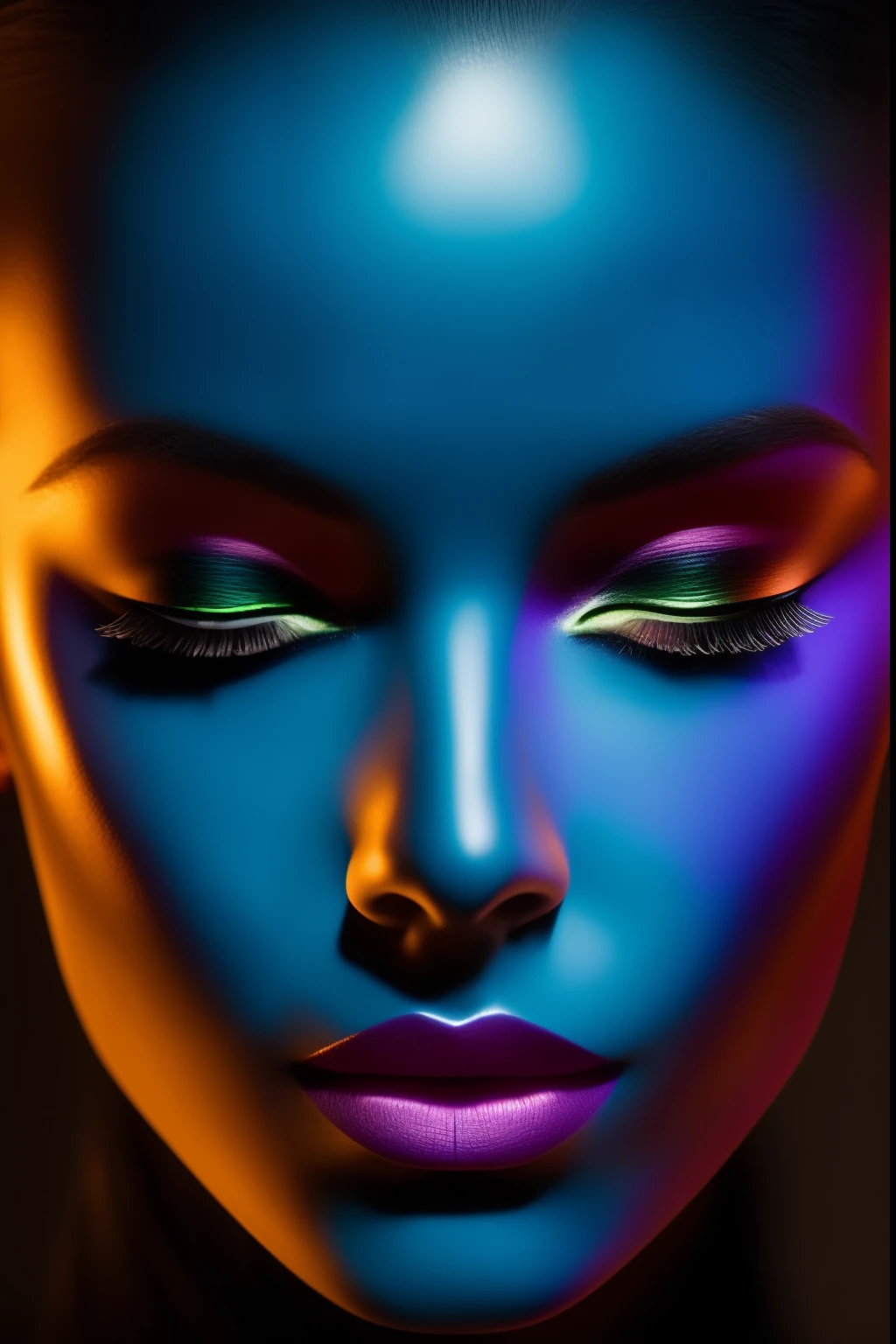 35mm, Neon, analog photo, dinamic lighting, chiaroscuro, hyper realisitc, luminism, HD, very detail. Colorful gradients. Gradient glow. Avant-garde make-up. Orange-violet-green lights. A woman's skin is multicolored in a beautiful glow. Gradients on the face. Gradient lights on the skin. easy flowering,,. Black background. haze. Unearthly beauty. Unearthly beautiful bald Russian young woman in bodysuit with tiger skin pattern. Very small black coat. bald. Bald woman. pale blue skin. long neck. Slim hose. Wide-set eyes. Half-turn. darkness. mood. haze. Model. Avant-garde make-up. tilt of head. eye to eye contact. blue eyes. Beautiful glow. Very small black coat. Slim. Lots of places. Very detailed face. (high skin detail:1.2). Film grain. an album cover. magazine cover.