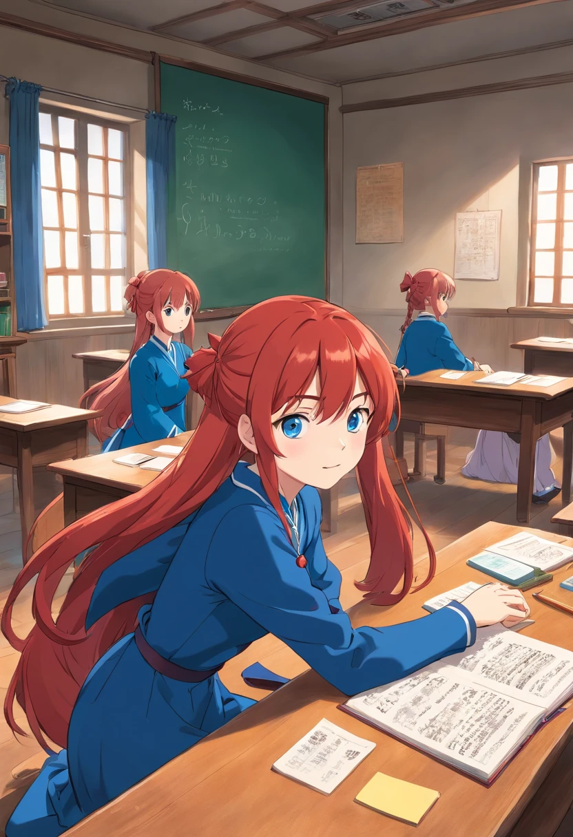 1 Female anime, dual horsetail, Red hair, Blue eyes, Sit in the middle of the classroom，Dress revealingly