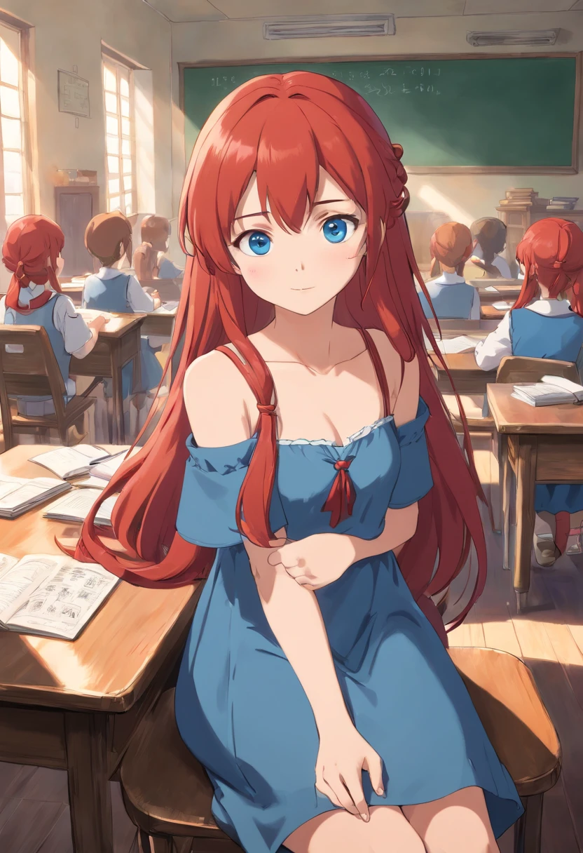 1 Female anime, dual horsetail, Red hair, Blue eyes, Sit in the middle of the classroom，Dress revealingly