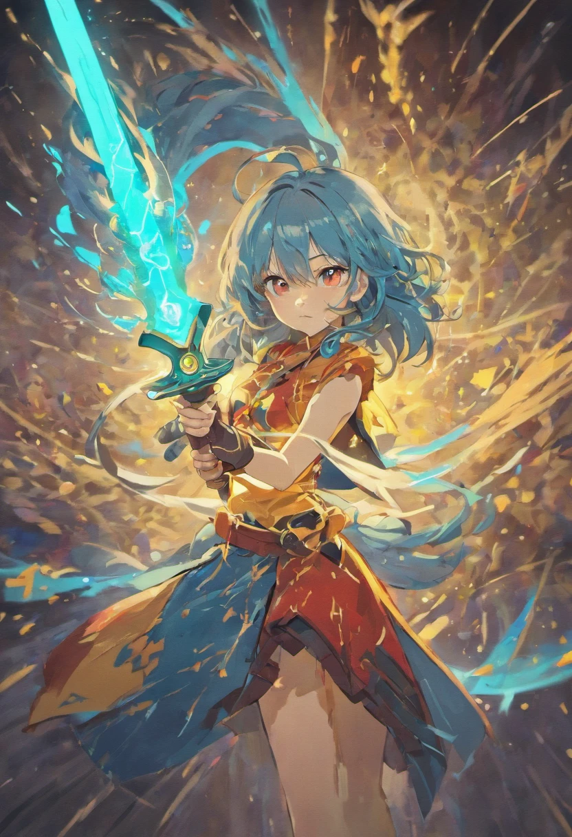 Beautiful girl 26 years  old with blue hair red eyes beautiful face with tornado behind her she hold a light sword