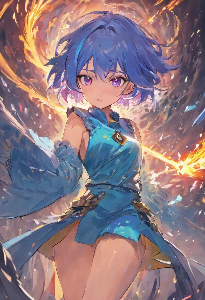 Beautiful girl 26 years  old with blue hair red eyes beautiful face with tornado behind her she hold a light sword