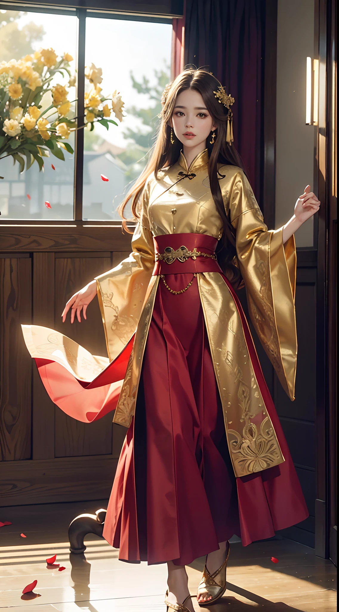 best quality, masterpiece, highres, (exquisite body:1.5),gorgeous face,(milky skin:1.3),intricate details,high resolution,wallpaper,
1girl, solo, dress, hair ornament, (((gold and red dress))), flowers, long hair, brown hair, closed mouth, jewelry, long sleeves, hand up, wide sleeves, big eyes,floating hair, chinese clothes, hanfu, embroidery, long skirt, natural pose, falling petals, indoor,fanning, lantern,
16K,HDR,highres,depth field,(film grain:1.1),boken,golden hour,(lens flare),vignette,rainbowing,(color grading:1.5)
