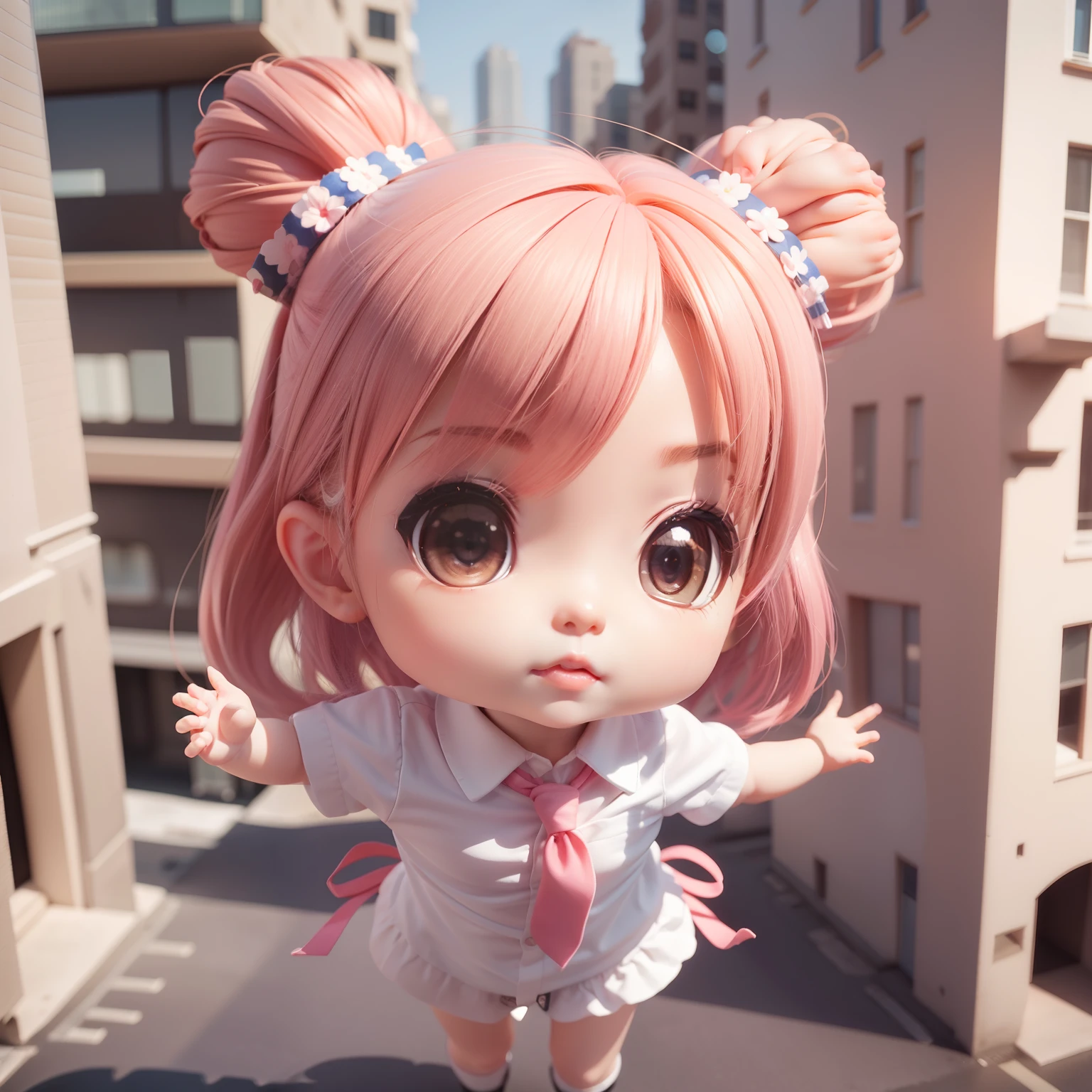 Cute Chibi Anime、(((chibi 3d))) (Best Quality), (masutepiece)、Chibi Office Lady、Streets of buildings in Manhattan、a small face、A detailed face、