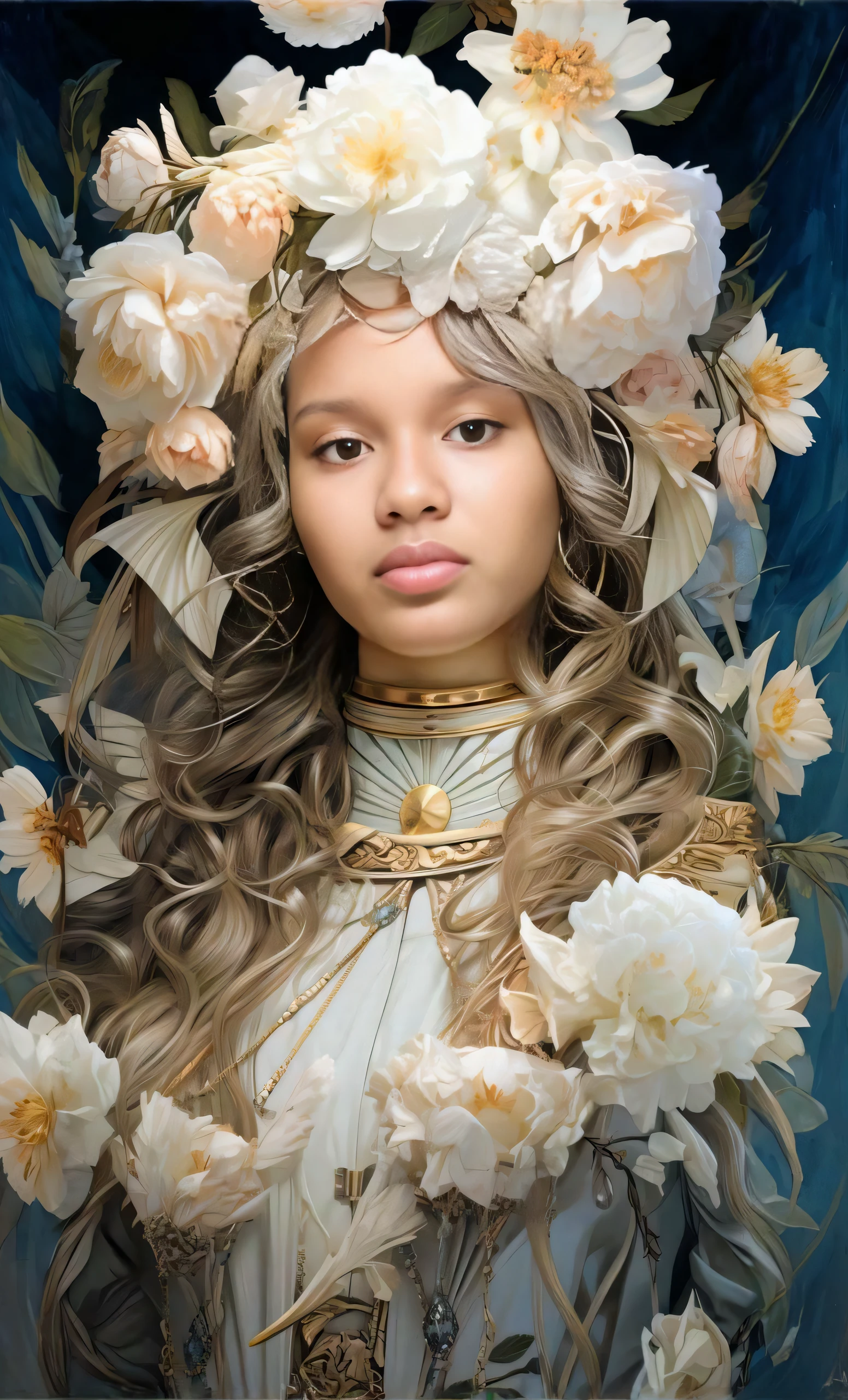 uma mulher com cabelos longos e flores no cabelo, deusa flor, deusa jovem, Inspirado por James Christensen, retrato bonito da fantasia, a stunning young ethereal figure, Art Nouveau hiperrealista, retrato bonito da arte da fantasia, Retrato da deusa 3D, Ethereal gold and silver tones, wlop intrincado, pintura digital renascentista, pintura digital barroca, Retrato da Deusa, Um retrato impressionante de uma deusa