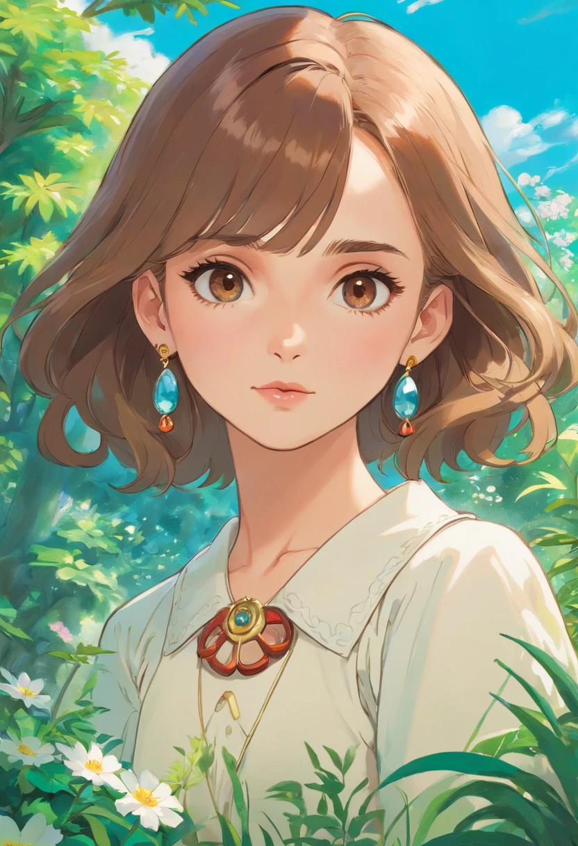 a girl,natalie portman,brown eyes, wearing an anime collar, a long necklace and earrings, in the style of tranquil gardenscapes, colorful animation stills, masami teraoka, aquamarine, paul gauguin, Embry style, honest portrayal