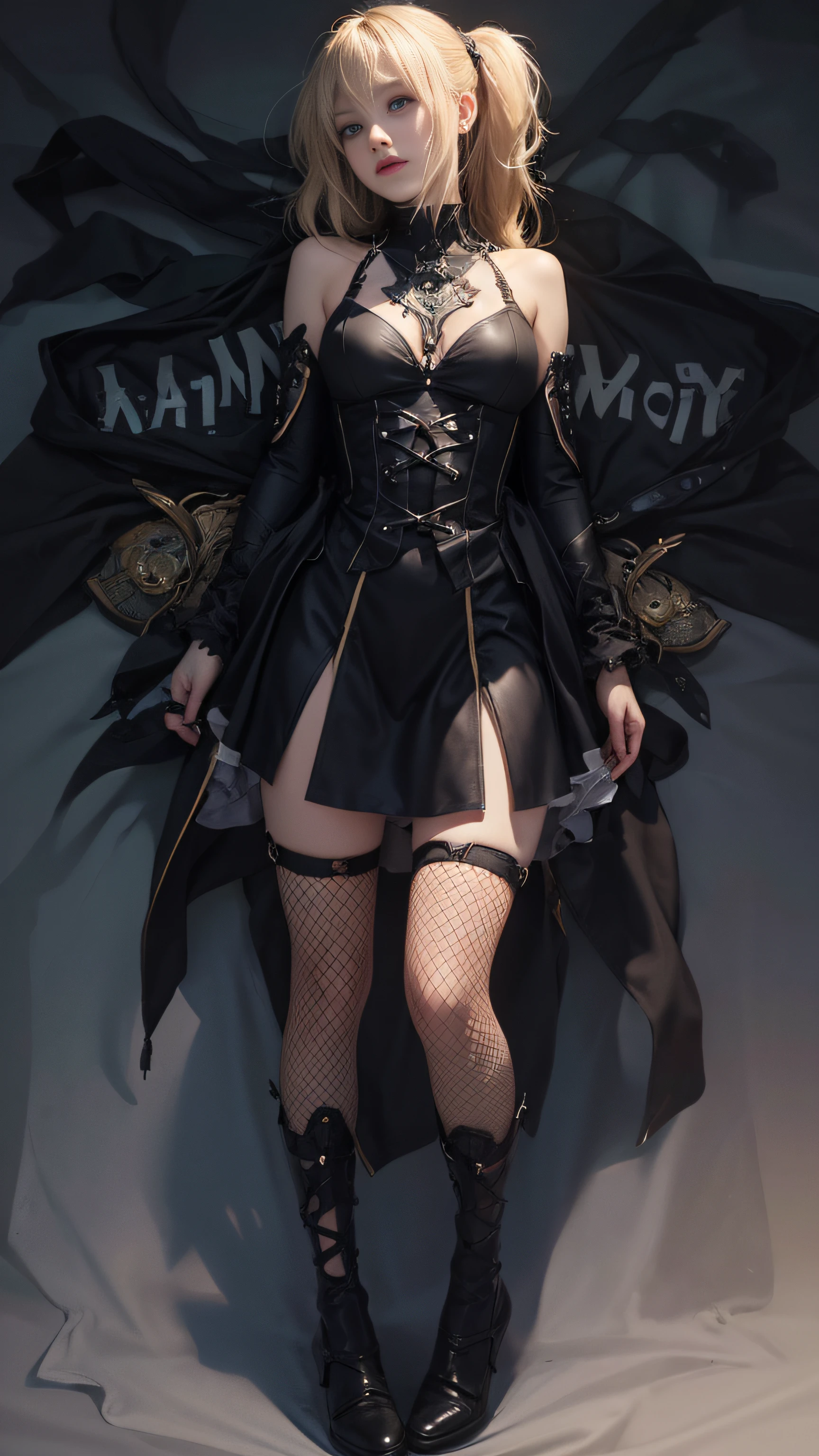 misa amane, Death, Blonde, Twin tail hair, Black Ribon, gothic dress, Short skirt, no sleeves, 1girll,（Captivating quality：1.4），（True textured skins of the highest quality), Delicate face,Black hair, Gradient Hair, petite body,（perfect bodies：1.1）, There is a jewel on the forehead, rimless eyewear, PUPILS SPARKLING，long eyelasher,grin, hyperphotorealism, Cinematic lighting, projected inset, surrealism, hyper HD, masutepiece, 16 K，Lie down，Dream On，Please wear clear silk pajamas,Carmelto,legs slightly open，tattooed，Fantasy space，Luxurious space