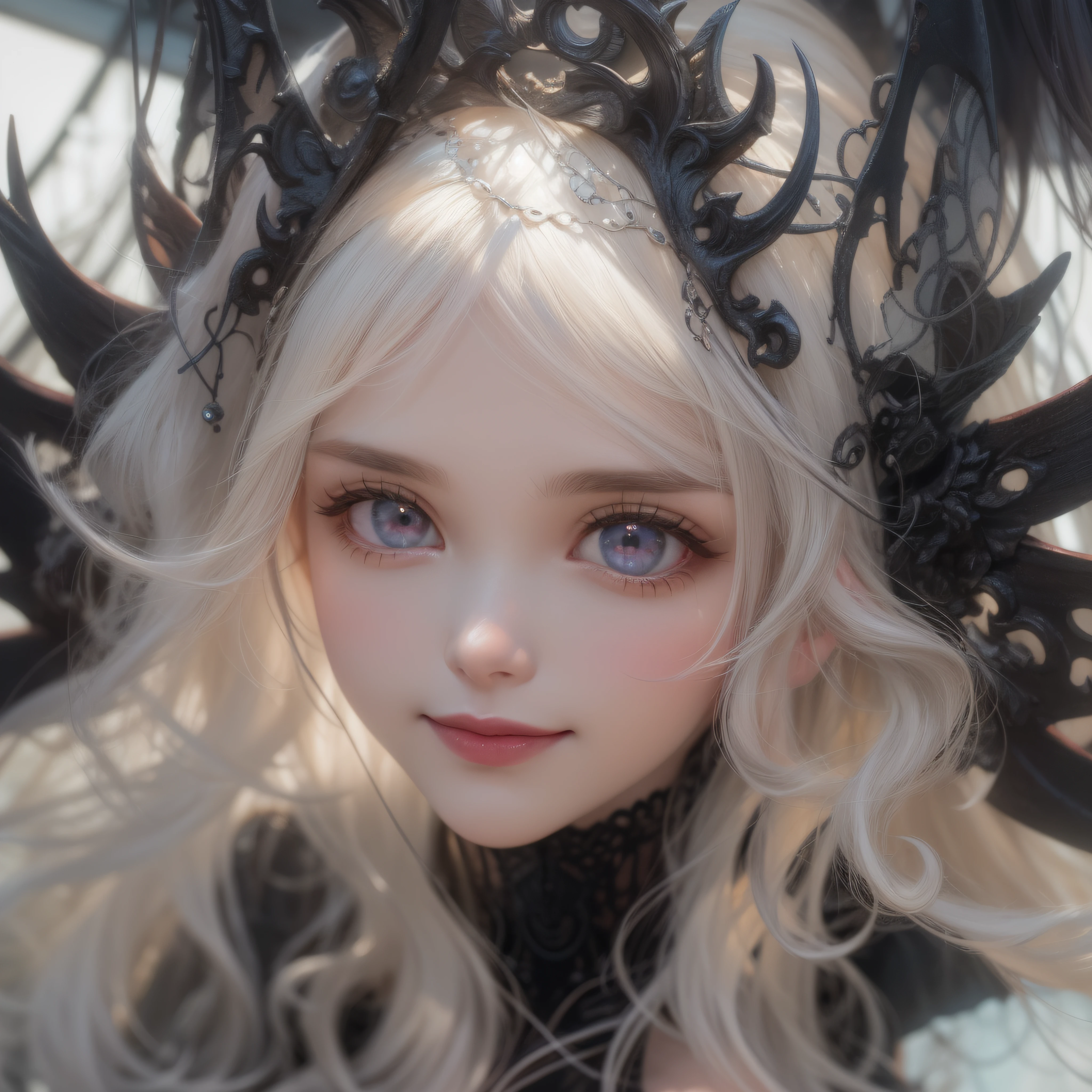 Close up of a smile with the corners of the mouth raised、Smiling Barbie doll、Gothic Girl、gothic costume、Cosplay、(realisitic、hight resolution)、(1 girl in)、Gothic Girl、Do-Up Eye、Korean Girl、(Best Quality), (masutepiece), (1girl in), Solo, a beauty girl, Perfect face, dreamlikeart、Highly detailed airbrush art((Surreal))、Volumetric lighting、(top-quality)、The ultra-detailliert、(The composition of the movement:1.4)、Highly detailed colorful details、(Bright lighting)、dynamic compositions、Ray traching、The mirror reflects light、Shallow depth of field、ultra-detailliert、mixing exposure、nffsw、Her eyes are glowing pink、Her gothic face is full of anticipation and courage、A smile appears on the lips of a gothic girl。 At the rear、The sun is slowly tilting to the west。That light brings Gothic lights to the surface of the sea、The swaying waves create a beautiful scene。Her eyes are clearly glowing pink。Lots of Gothic