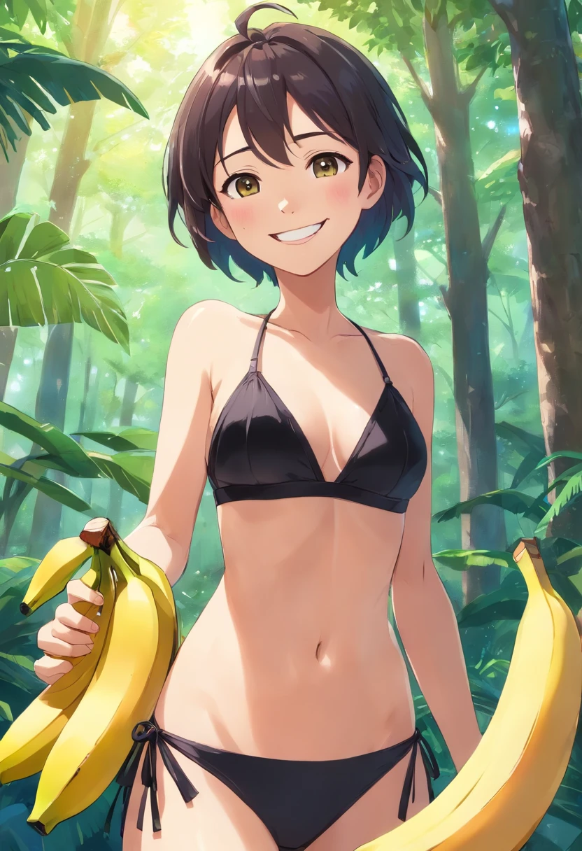 Smiling woman in a black bikini top holding a banana in her hand, em frente a um fundo de floresta, sorrindo e olhando diretamente, muito ligeiramente sorridente, Violeta Myers, ligeiramente sorridente, Alanis Guillen, with a tree in the background, happily smiling at the camera, bonito e sorridente, trees in the background, She is grinning, sorrindo levemente