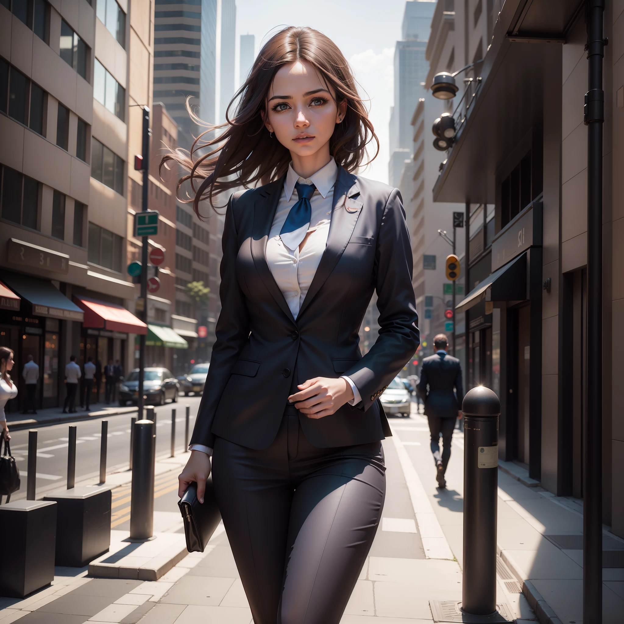 (8K, Raw photo, Best Quality, masutepiece: 1.2), (Realistic, Photorealistic: 1.37), One woman in a suit standing on the sidewalk, Cityscape, day, sunny morning, Professional Lighting, Photon mapping, Radio City, Brazilian Woman, torn, Shirt, Woman in suit, Silk Suit