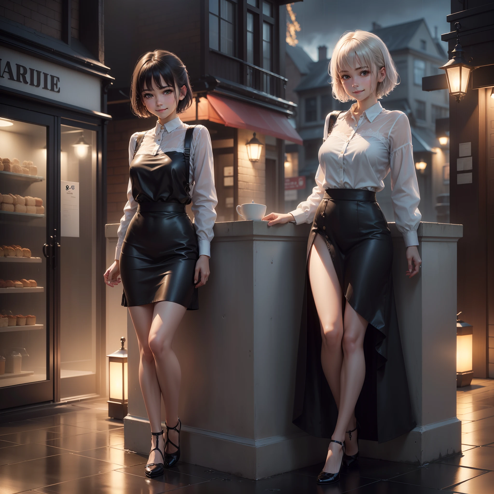 (8K, Best Quality, masutepiece:1.2), (Realistic, Photorealsitic:1.37), Ultra-detailed,((( 1 girl))),Solo,Beautiful detailed sky,Detailed Cafe,Night,Sitting,Dating,(nose blush),(Smile:1.15),(Closed mouth) Small breasts,Beautiful detailed eyes,(Shirt:1.1), Night, Wet, Rain,White lace, (Short hair:1.2),Floating Hair NovaFrogStyle, ((Full body)),to stand, Sexy, Cute
