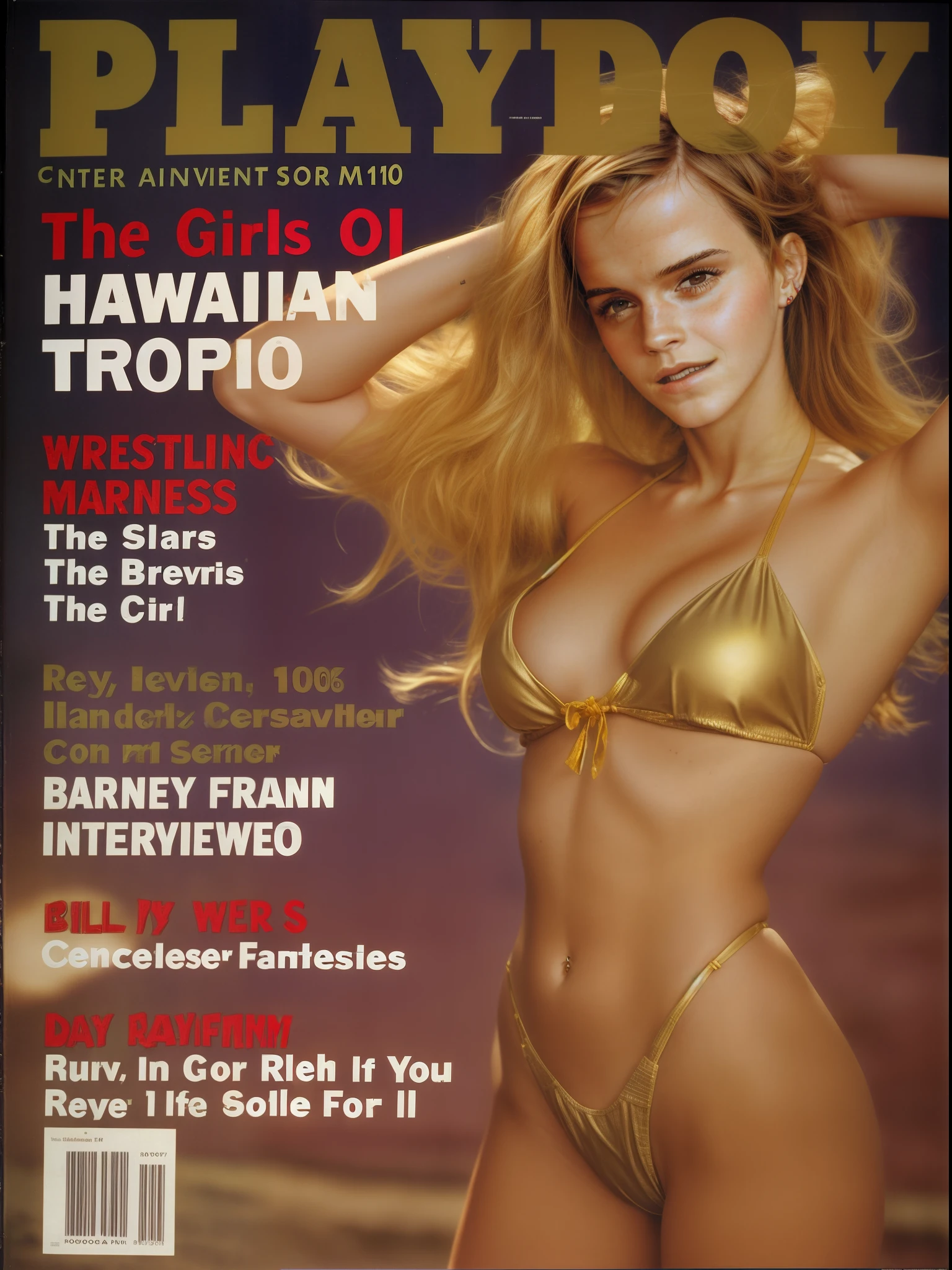 arafed image of ((Emma Watson)) in a golden bikini on a playboy magazine cover, magazine 1990's, photography of bill brauer, magazine photo from 2007, magazine centerfold, 1 9 9 0 s life magazine, maxim magazine, sports illustrated, maxim cover, maxim magazine cover, from 2001