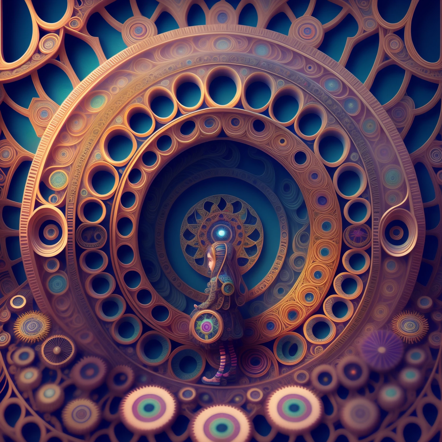 wallpaper, 8K, scenery, wide shot, masterpiece, extremely detailed, photo realistic, zentangle, entangle, fractal, mechanical mandala on whole of image, spring, gear, psychedelic hallucination, BiopunkAI, tiny girl on the machine, sitting, full body