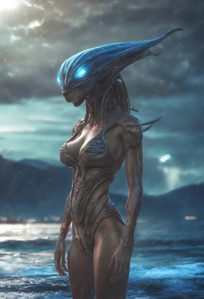 ((Masterpiece)), ((Best quality)), ((A high resolution)), ((finedetail)),1girll, Show on the_E7, big breast, swimsuit, Realistic, beach, Wet, Ocean, navel, sky, 鎖骨