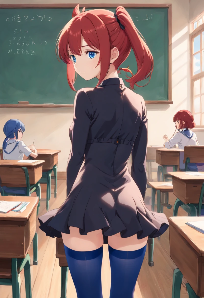 1 Female anime, dual horsetail, Red hair, Blue eyes, Sit in the middle of the classroom,Dress revealingly,black lence stockings,Bare chest,showing butt