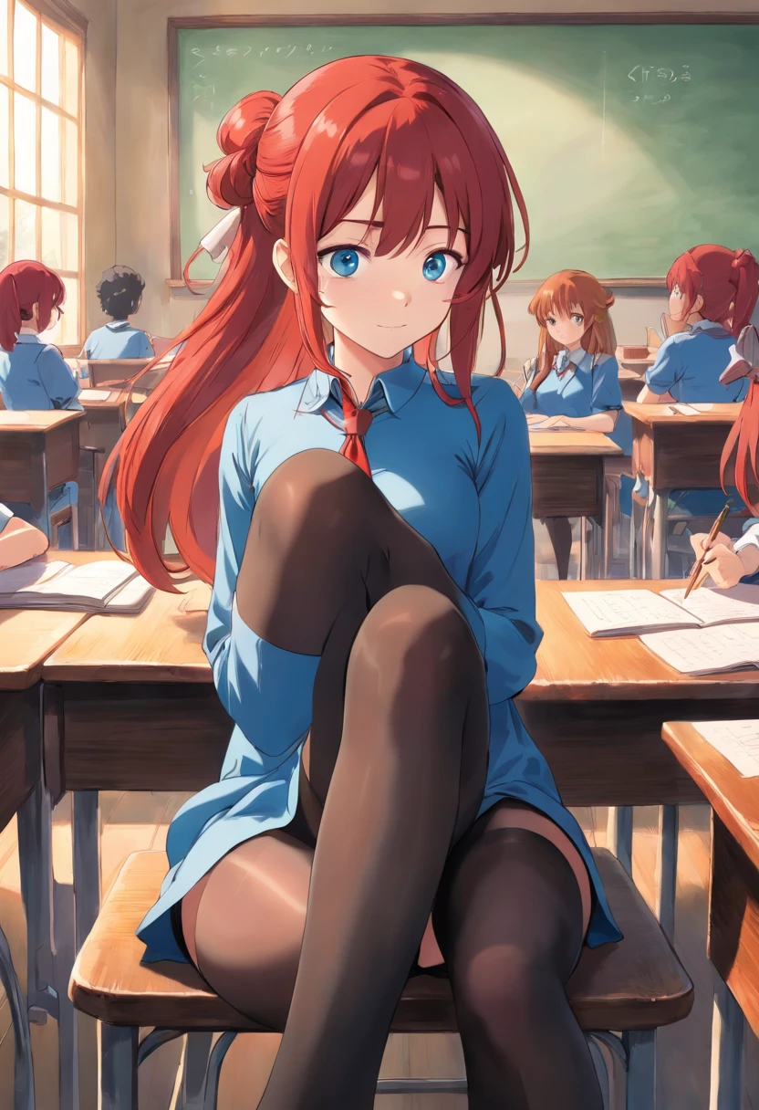 1 Female anime, dual horsetail, Red hair, Blue eyes, Sit in the middle of the classroom,Dress revealingly,black lence stockings,Bare chest,showing butt