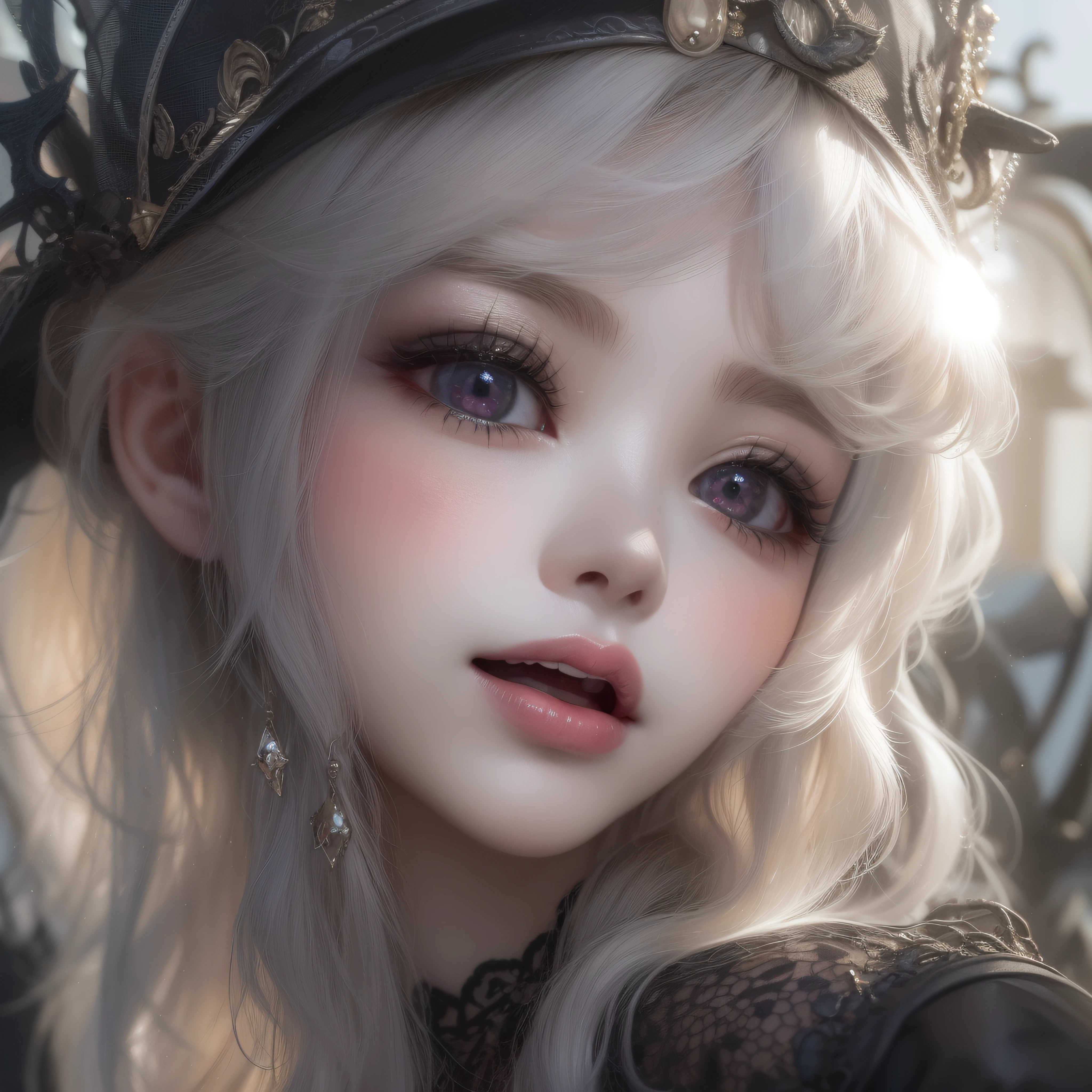 Close up of a smile with the corners of the mouth raised、Smiling Barbie doll、Gothic Girl、Gothic costume、Cosplay、(realisitic、hight resolution)、(1 girl in)、Gothic Girl、Do-Up Eye、Korean Girl、(Best Quality), (masutepiece), (1girl in), Solo, a beauty girl, Perfect face, dreamlikeart、Highly detailed airbrush art((Surreal))、Volumetric lighting、(top-quality)、The ultra-detailliert、(The composition of the movement:1.4)、Highly detailed colorful details、(Bright lighting)、dynamic compositions、Ray traching、The mirror reflects light、Shallow depth of field、ultra-detailliert、mixing exposure、nffsw、Her eyes are glowing pink、Her gothic face is full of anticipation and courage、A smile appears on the lips of a girl in the Gothic style。 At the rear、The sun is slowly tilting to the west。Its light brings Gothic light to the surface of the sea、The swaying waves create a beautiful scene。Her eyes are clearly glowing pink。A lot of Gothic