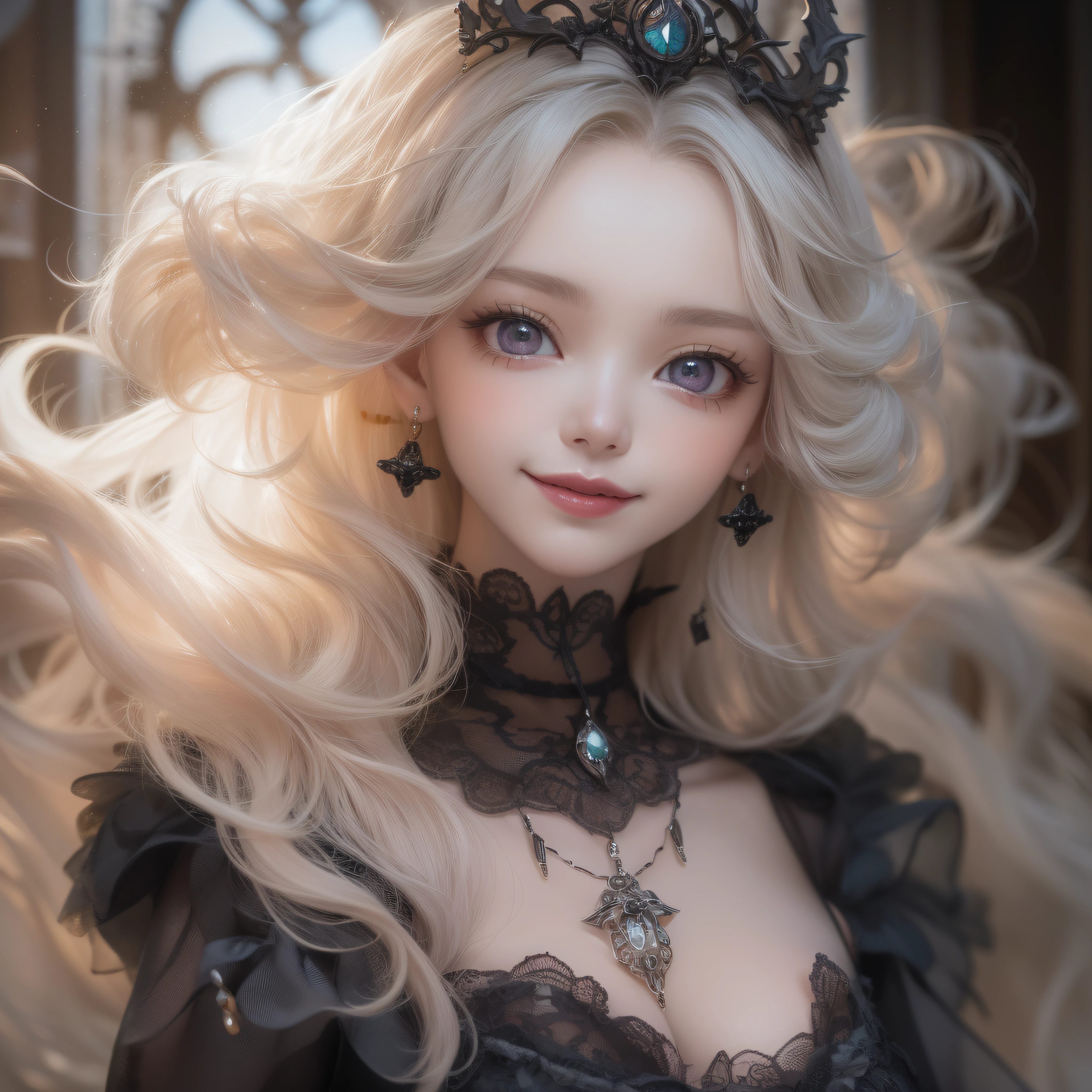 Close up of a smile with the corners of the mouth raised、Smiling Barbie doll、Gothic Girl、Gothic costume、Cosplay、(realisitic、hight resolution)、(1 girl in)、Gothic Girl、Do-Up Eye、Korean Girl、(Best Quality), (masutepiece), (1girl in), Solo, a beauty girl, Perfect face, dreamlikeart、Highly detailed airbrush art((Surreal))、Volumetric lighting、(top-quality)、The ultra-detailliert、(The composition of the movement:1.4)、Highly detailed colorful details、(Bright lighting)、dynamic compositions、Ray traching、The mirror reflects light、Shallow depth of field、ultra-detailliert、mixing  exposure、nffsw、Her eyes are glowing pink、Her gothic face is full of anticipation and courage、A smile appears on the lips of a girl in the Gothic style。 At the rear、The sun is slowly tilting to the west。Its light brings Gothic light to the surface of the sea、The swaying waves create a beautiful scene。Her eyes are clearly glowing pink。A lot of Gothic