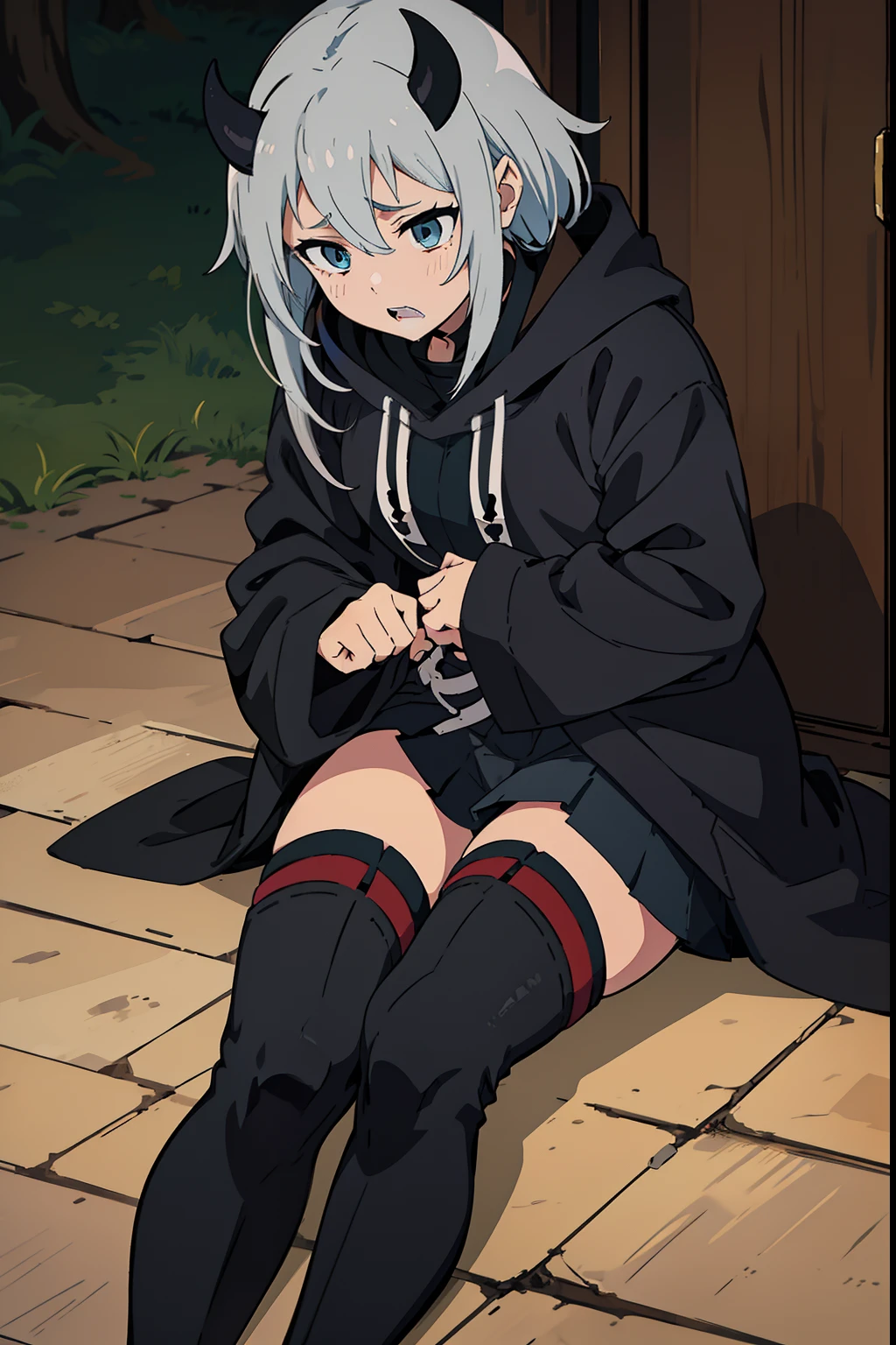 1gil, sleep-deprived, tired-looking eyes, sharp teeth. She typically wears a black hoodie that conceals most of her face, emphasizing her exhaustion. Her attire is completed with a black pleated skirt and matching knee-high boots. horns protruding from the Forehead