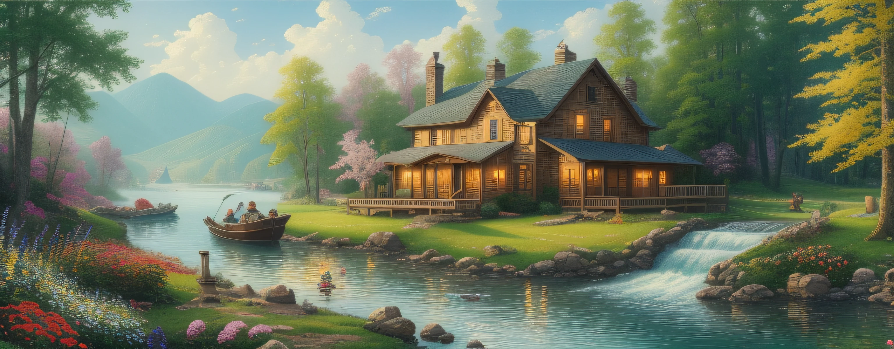 landscape, water, farm house, cooking smoke, boat in the water, flowers ,stream, color full (extremely detailed CG unity 8k wallpaper), most beautiful artwork in the world, professional majestic oil painting, intricate, High Detail, Sharp focus, dramatic, photorealistic painting art, style of Thomas Kinkade