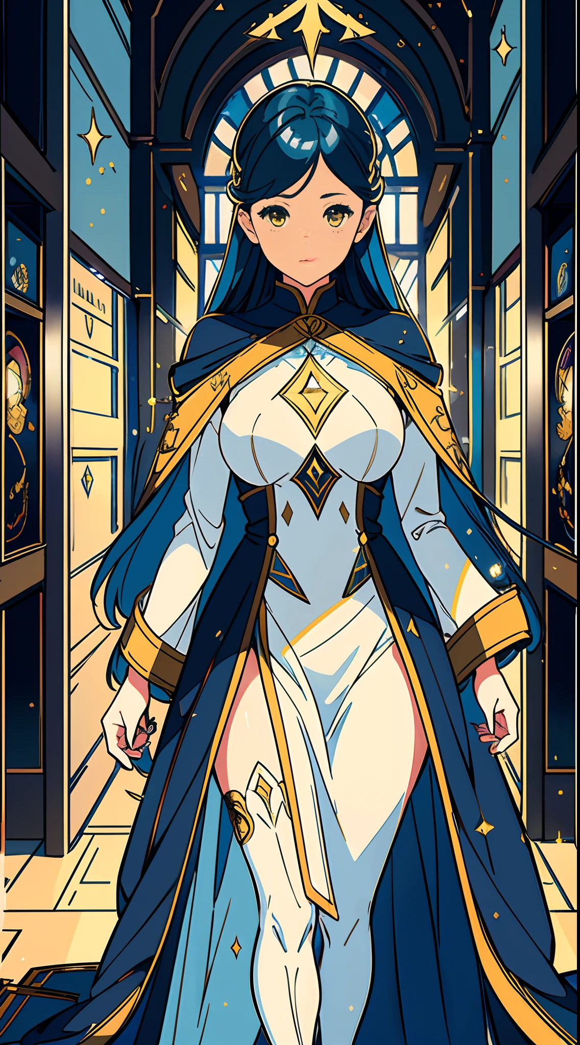 1 mature girl with long blue hair , yellow eyes, alone, High detail mature face, long blue hair, tie hair, golden eyes, white priest magical armor uniform, yellow cloak, high res, ultra sharp, 8k, masterpiece, walking in the hallway, magical light environment, fantasy magical building, (Best quality)), ((masterpiece)), 3D, HDR (High Dynamic Range),Ray Tracing, NVIDIA RTX, Super-Resolution, Unreal 5,Subsurface scattering, PBR Texturing, Post-processing, Anisotropic Filtering, Depth-of-field, Maximum clarity and sharpness, Multi-layered textures, Albedo and Specular maps, Surface shading, Accurate simulation of light-material interaction, Perfect proportions, Octane Render, Two-tone lighting, Wide aperture, Low ISO, White balance, Rule of thirds,8K RAW, Aura, masterpiece, best quality, Mysterious expression, magical effects like sparkles or energy, flowing robes or enchanting attire, mechanic creatures or mystical background, rim lighting, side lighting, cinematic light, ultra high res, 8k uhd, film grain, best shadow, delicate, RAW, light particles, detailed skin texture, detailed cloth texture, beautiful face,