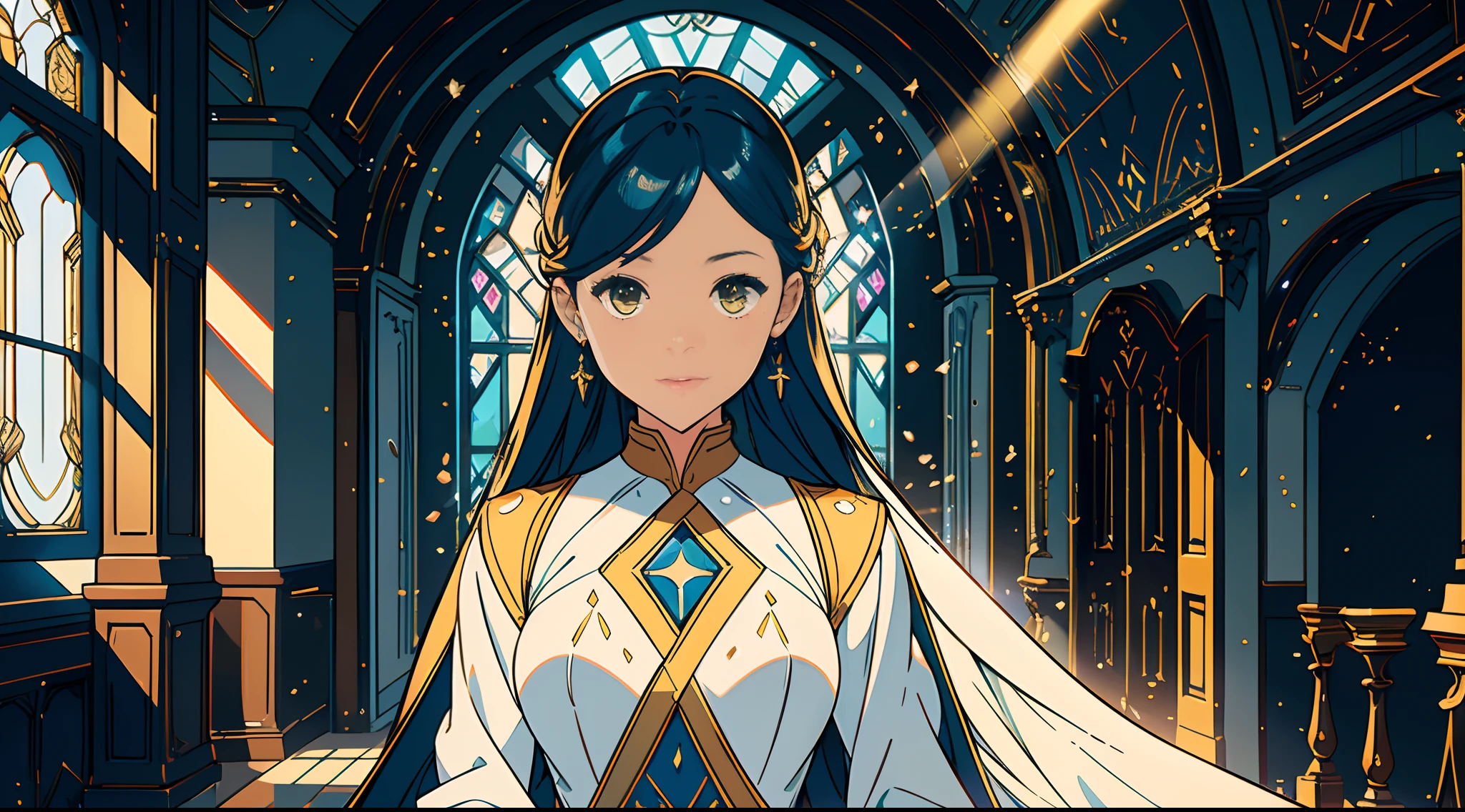 1 mature girl with long blue hair and yellow eyes looking at camera, alone, High detail mature face, long blue hair, tie hair, golden eyes, white priest magical armor uniform, yellow cloak, high res, ultra sharp, 8k, masterpiece, walking in the hallway, magical light environment, fantasy magical building, (Best quality)), ((masterpiece)), 3D, HDR (High Dynamic Range),Ray Tracing, NVIDIA RTX, Super-Resolution, Unreal 5,Subsurface scattering, PBR Texturing, Post-processing, Anisotropic Filtering, Depth-of-field, Maximum clarity and sharpness, Multi-layered textures, Albedo and Specular maps, Surface shading, Accurate simulation of light-material interaction, Perfect proportions, Octane Render, Two-tone lighting, Wide aperture, Low ISO, White balance, Rule of thirds,8K RAW, Aura, masterpiece, best quality, Mysterious expression, magical effects like sparkles or energy, flowing robes or enchanting attire, mechanic creatures or mystical background, rim lighting, side lighting, cinematic light, ultra high res, 8k uhd, film grain, best shadow, delicate, RAW, light particles, detailed skin texture, detailed cloth texture, beautiful face,