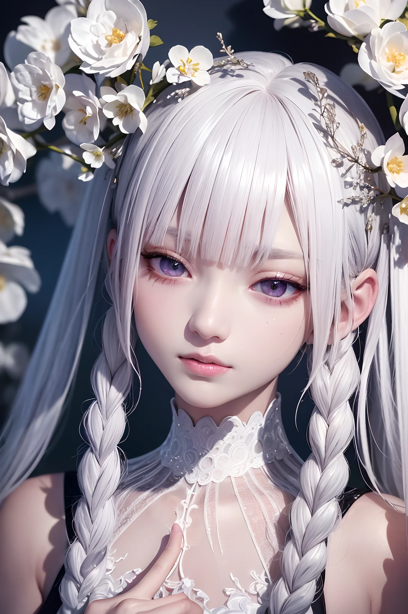 top-quality、​masterpiece、8K、femele、white  hair、Akame、white  clothes、look up to、cowboy  shot、Hair strands、light skinned、Side braid、Detailed hair strands、A detailed eye、A detailed face、Detailed mouth、Detailed hand、Detailed finger、