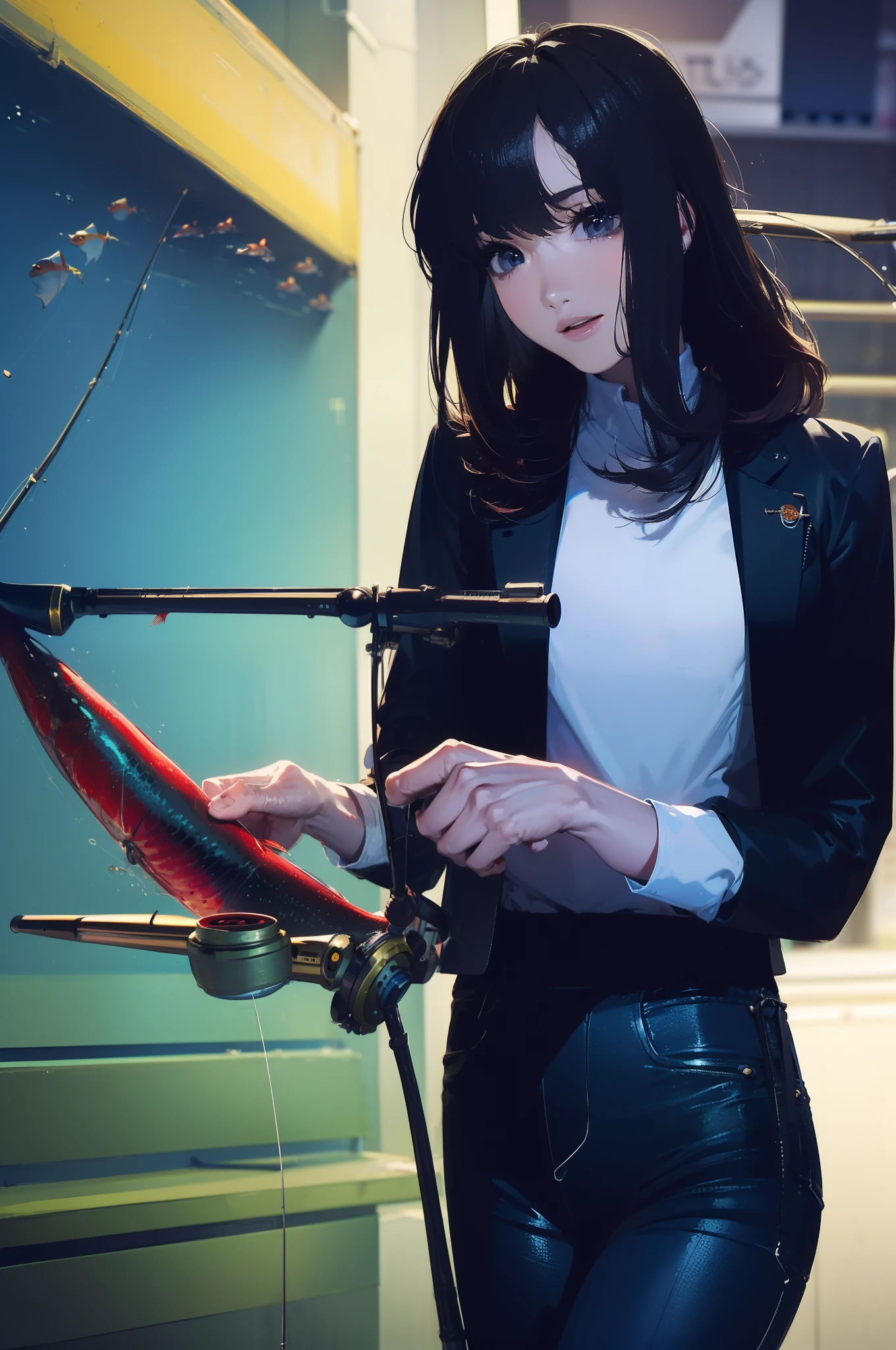 ((((Have fishing rod with a reel:1.5)))),((Female 28 years old)),((Best Quality:1.5)),(((Hands with the correct number and structure of fingers:1.4))),((lakeside:1.37)),hight resolution,ultra-detailliert,masterpiece,best qualtiy,(Eight-headed body),Black hair, long eyeslashes, Solid Circle Eyes, drop shadow, Atmospheric perspective,Super Detail, ccurate, small brest,(Black jacket and black jeans :1.1),top-quality, blurry backround, bokeh dof:1.2, (masterpiece:1.3), Atmospheric perspective,Super Detail,dynamic compositions,