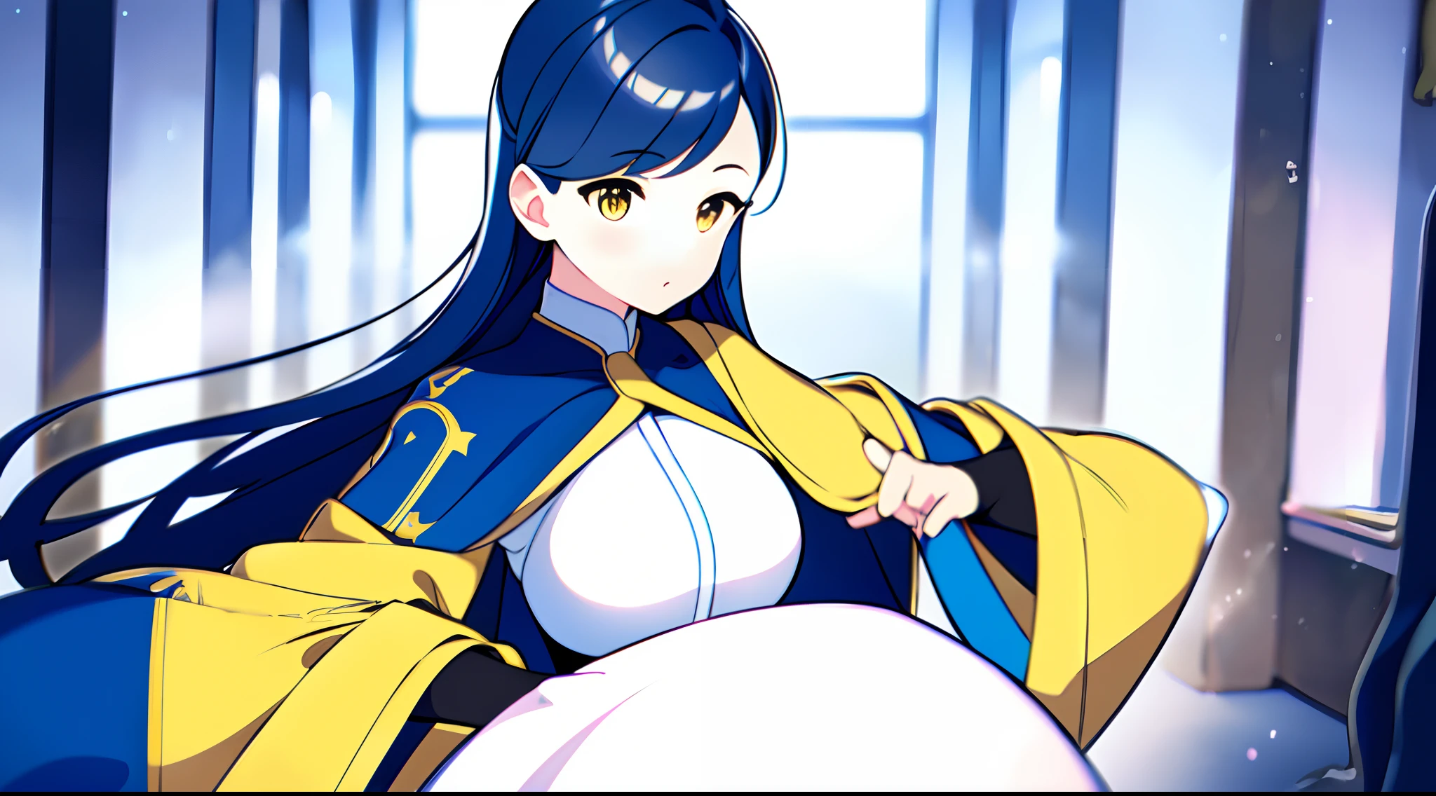 1 mature girl with long blue hair and yellow eyes looking at camera, alone, High detail mature face, long blue hair, one side tie hair, golden eyes, white priest magical armor uniform, yellow cloak, high res, ultra sharp, 8k, masterpiece, looking at viewer, Sharp eyes, western temple, people ride on the beast, School Dorm, sitting on chair, reading a bible ((Best quality)), ((masterpiece)), 3D, HDR (High Dynamic Range),Ray Tracing, NVIDIA RTX, Super-Resolution, Unreal 5,Subsurface scattering, PBR Texturing, Post-processing, Anisotropic Filtering, Depth-of-field, Maximum clarity and sharpness, Multi-layered textures, Albedo and Specular maps, Surface shading, Accurate simulation of light-material interaction, Perfect proportions, Octane Render, Two-tone lighting, Wide aperture, Low ISO, White balance, Rule of thirds,8K RAW, Aura, masterpiece, best quality, Mysterious expression, magical effects like sparkles or energy, flowing robes or enchanting attire, mechanic creatures or mystical background, rim lighting, side lighting, cinematic light, ultra high res, 8k uhd, film grain, best shadow, delicate, RAW, light particles, detailed skin texture, detailed cloth texture, beautiful face, fighting stance