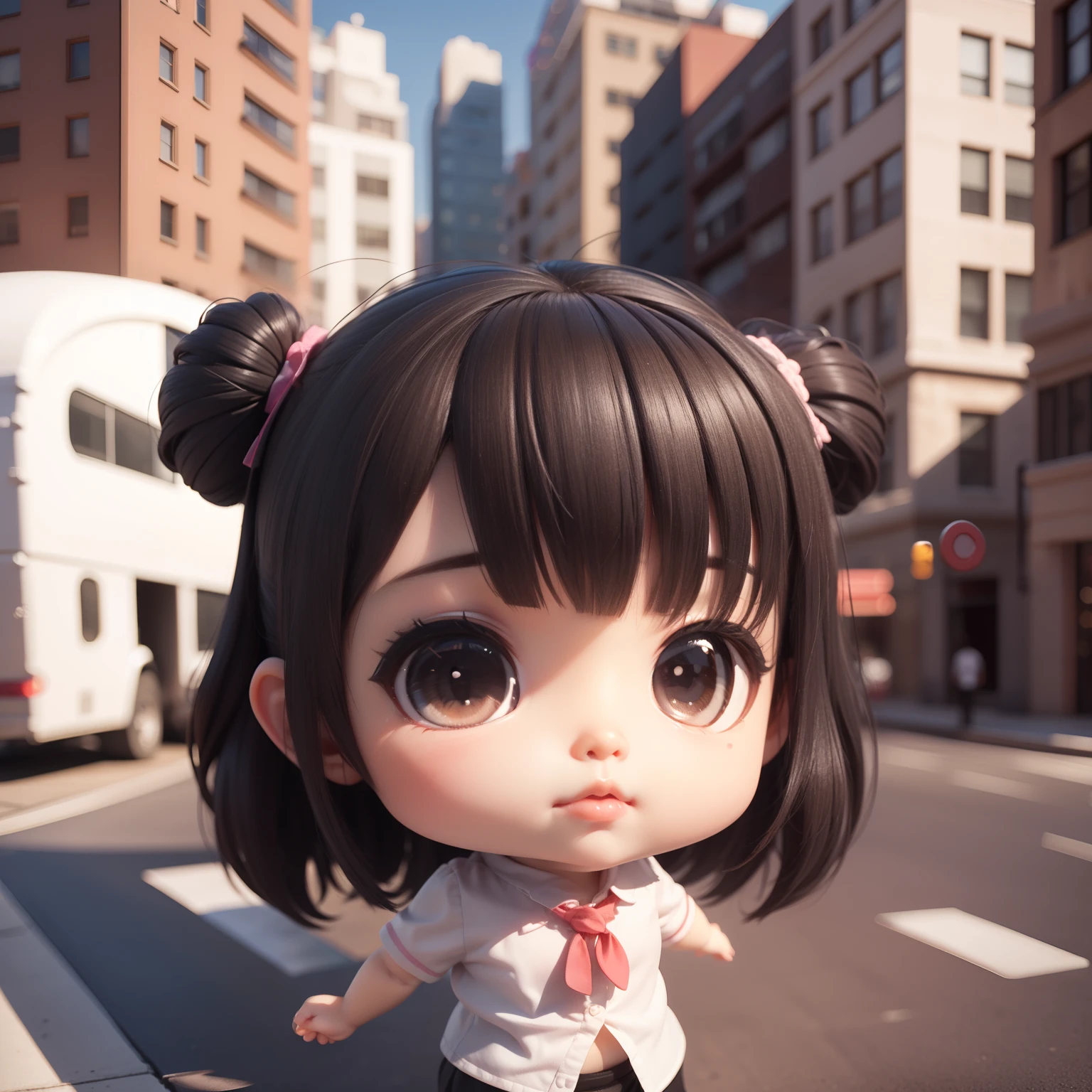 Cute Baby Chibi Anime、(((Chibi 3D))) (Best Quality), (masutepiece)、Chibi Office Lady、Black hair straight、Streets of buildings in Manhattan、a small face、A detailed face、
