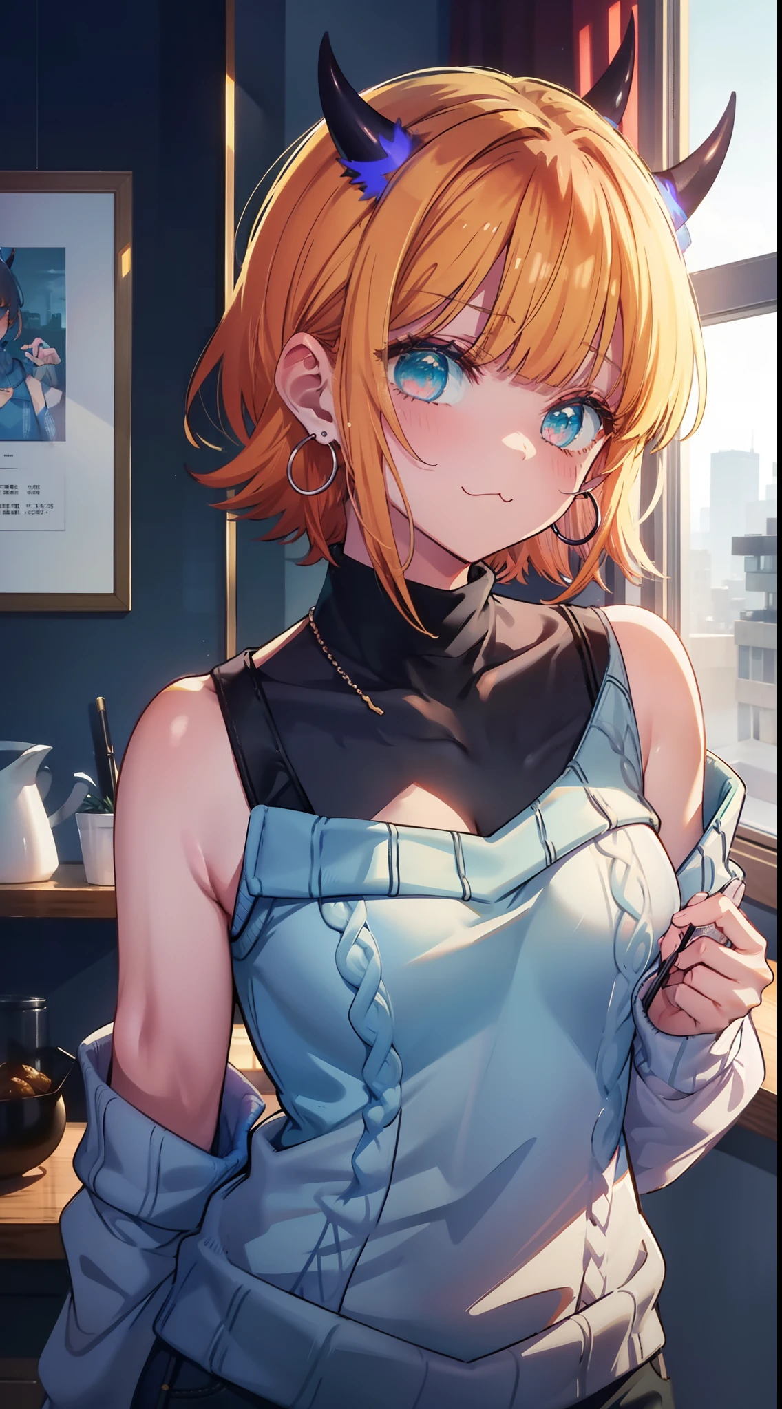 Anime girl with horns and blue eyes in a kitchen - SeaArt AI