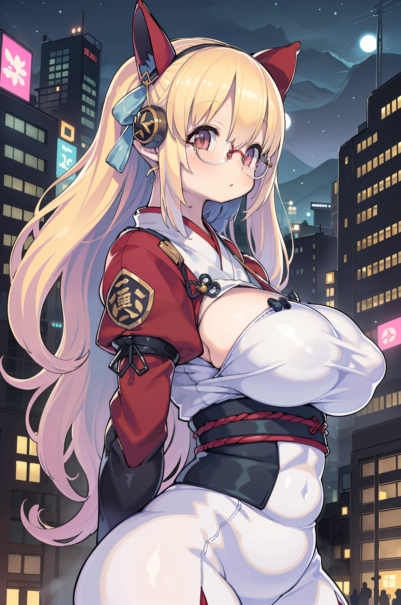 Best Quality, masutepiece, hight resolution,, 1girl in, Detailed face, (Upper body:1.6), Cyber Cities, mountains and rivers, Night, firefly lights, Realistic, Rich in detail, (white hanfu:1.2), (Beautiful body:1.4),huge-breasted、large boob、Big round glasses、big butts