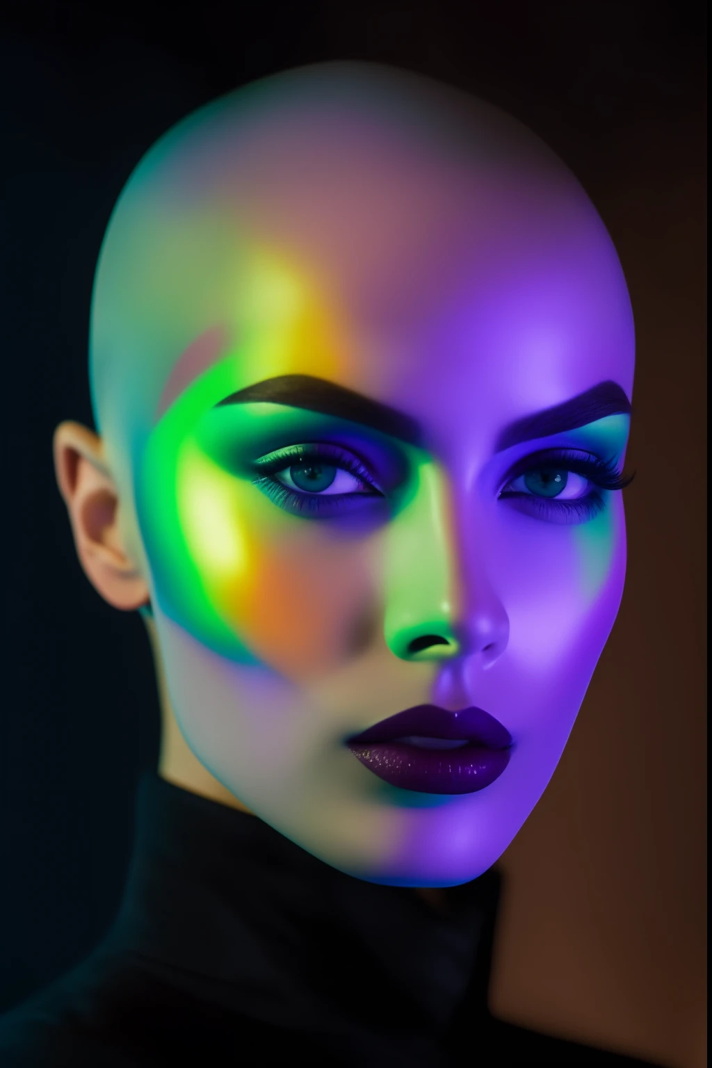 35mm, Neon, analog photo, dinamic lighting, chiaroscuro, hyper realisitc, luminism, HD, very detail. Colorful gradients. Gradient glow. Avant-garde make-up. Orange-violet-green lights. A woman's skin is multicolored in a beautiful glow. Gradients on the face. Gradient lights on the skin. easy flowering,. Black background. haze. Unearthly beauty. Unearthly beautiful bald Swedish young woman in bodysuit with tiger skin pattern. Very small black coat. bald. Bald woman. pale blue skin. long neck. Slim hose. Wide-set eyes. Half-turn. darkness. mood. haze. Model. Avant-garde make-up. tilt of head. eye to eye contact. blue eyes. Beautiful glow. Very small black coat. Slim. Many places. Very detailed face. (high skin detail:1.2). Film grain. an album cover. magazine cover.